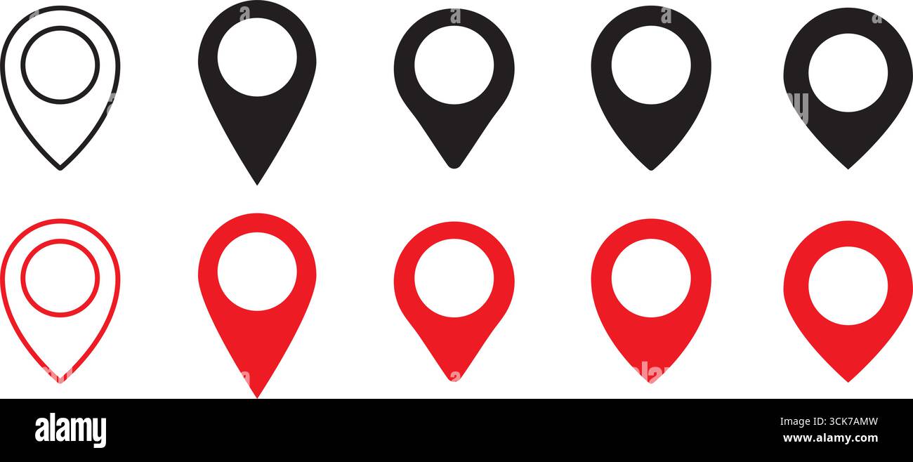 Set di icone di posizionamento. Tracciare il marcatore di posizionamento del perno. Indicazione della posizione della mappa. Raccolta dei simboli di posizione GPS. Illustrazione Vettoriale