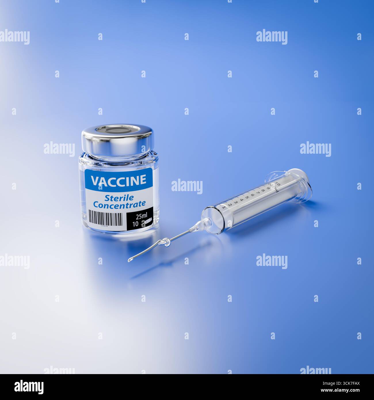 Concetto anti-Vaxxer: Siringa con ago annodato accanto a un contenitore di vaccino generico. Anti-vocazionista Foto Stock