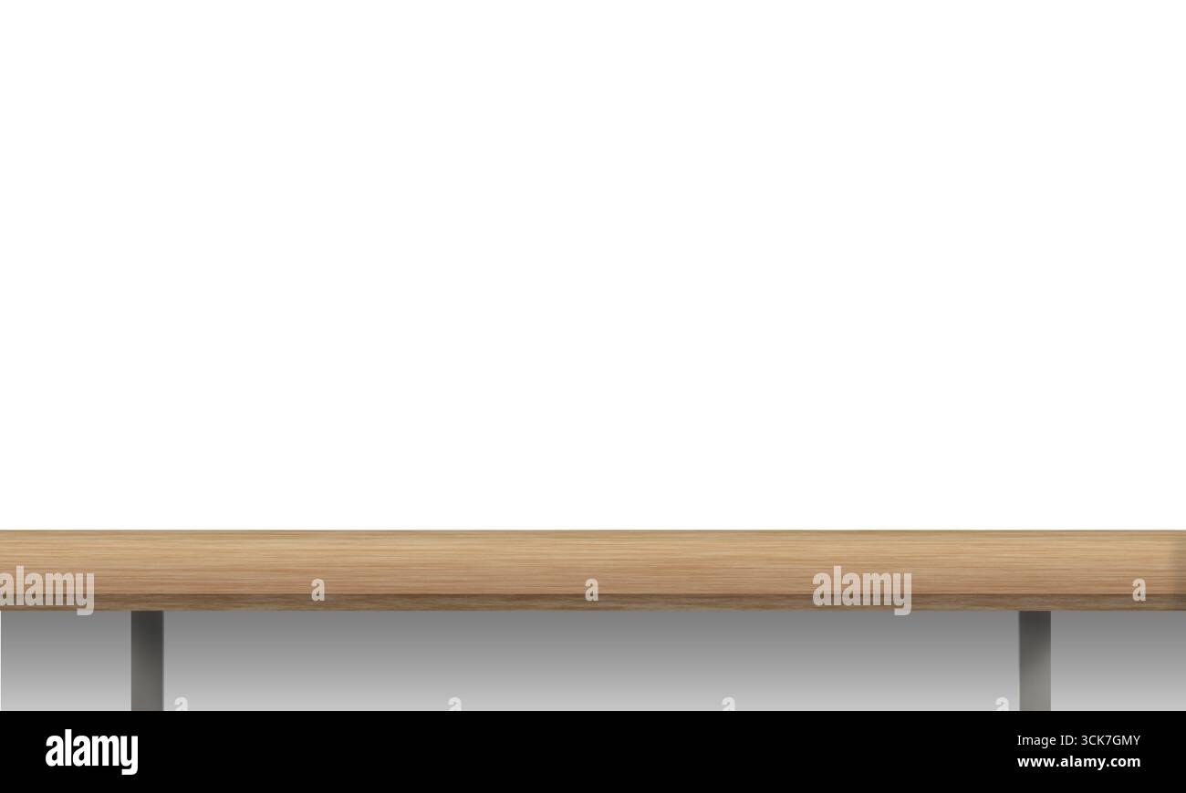 Un tavolo in legno minimalista con gambe in metallo, appoggiato su uno sfondo semplice per un'estetica pulita. Foto Stock