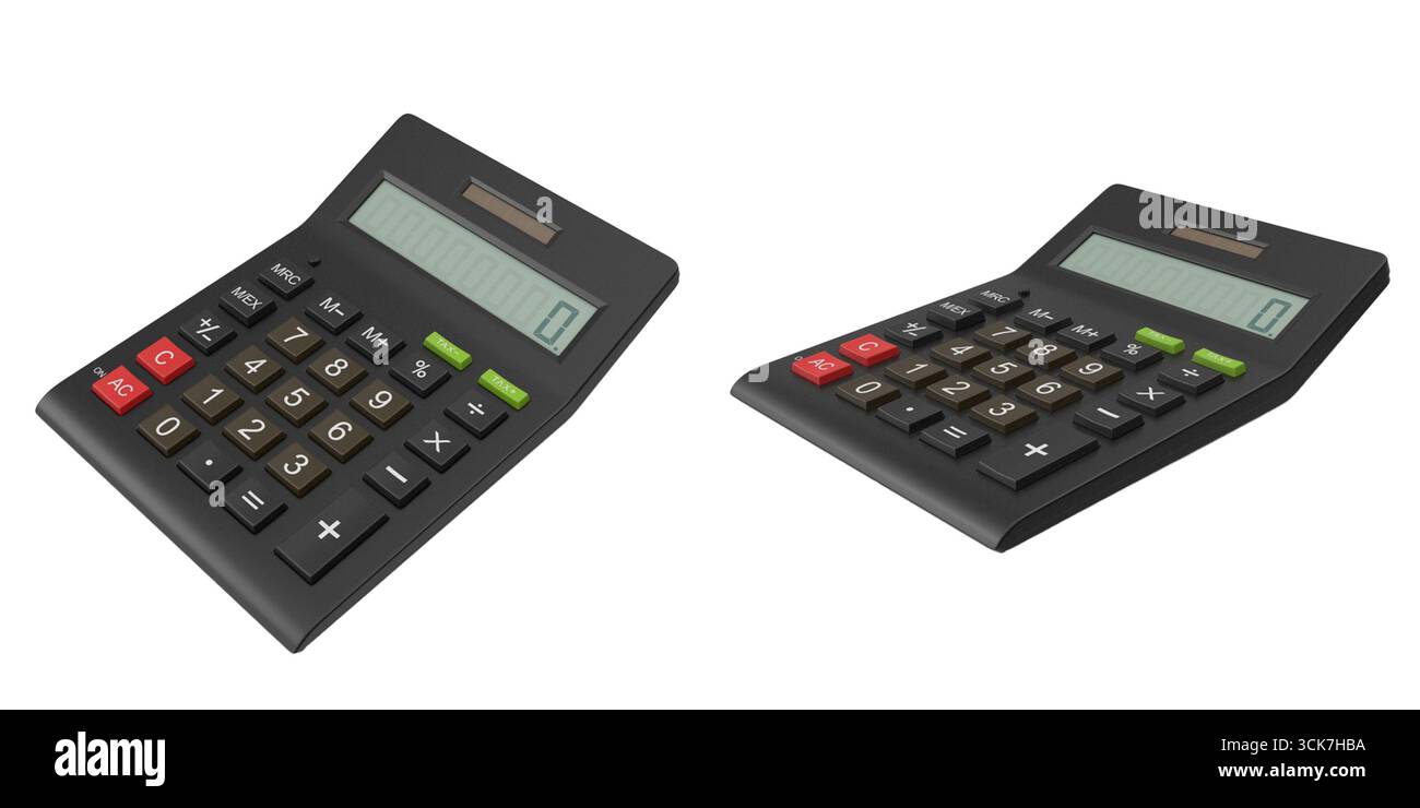 Una coppia di calcolatrici nere che visualizzano i numeri e le funzioni di base per i calcoli matematici. Foto Stock