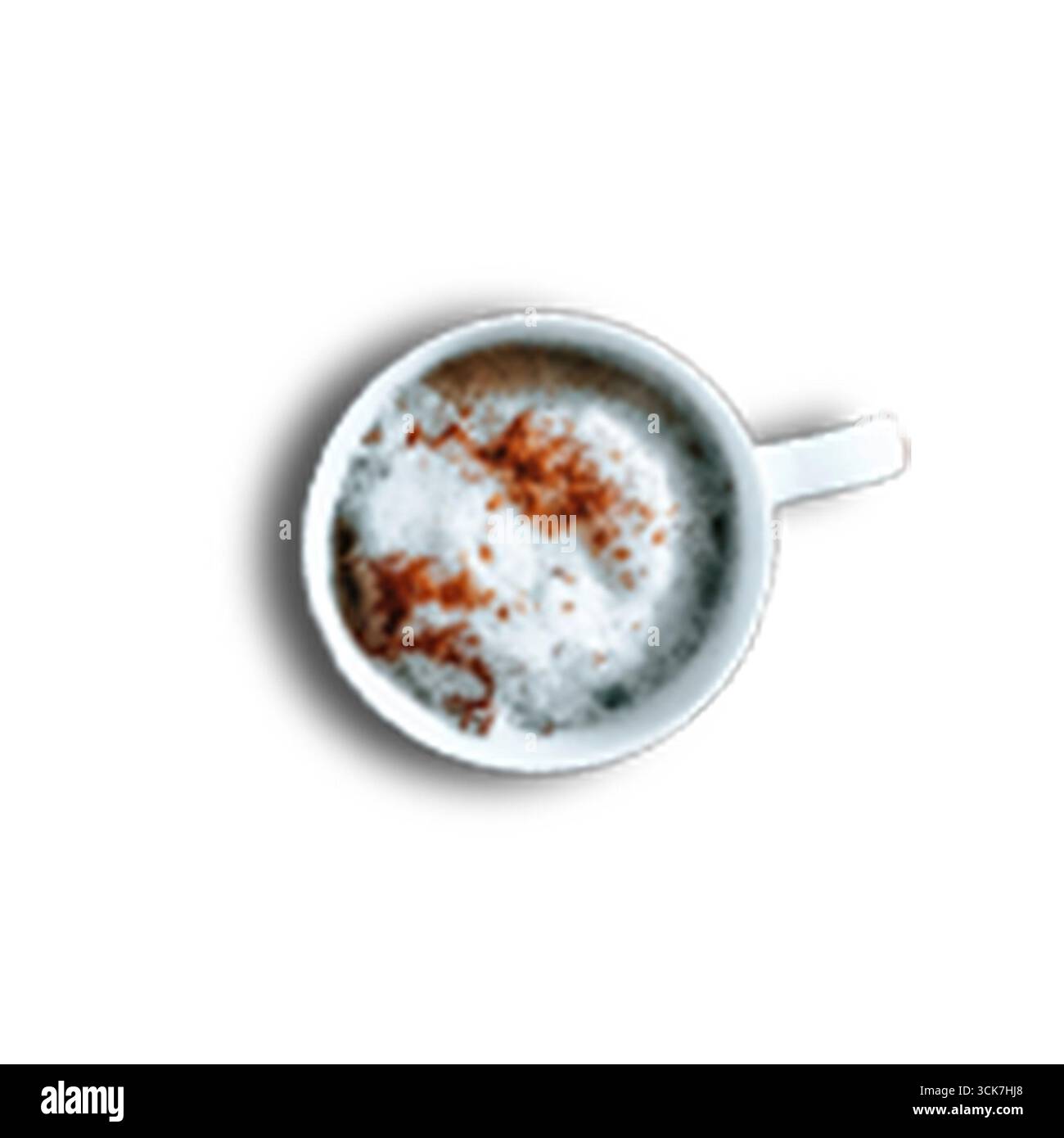 Vista dall'alto di una tazza di caffè con schiuma di latte e una spolverata di cacao in polvere. Foto Stock