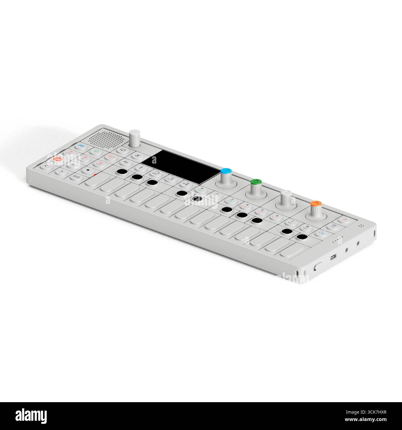 Sintetizzatore compatto con varie manopole e pulsanti per la produzione musicale e il design audio. Foto Stock