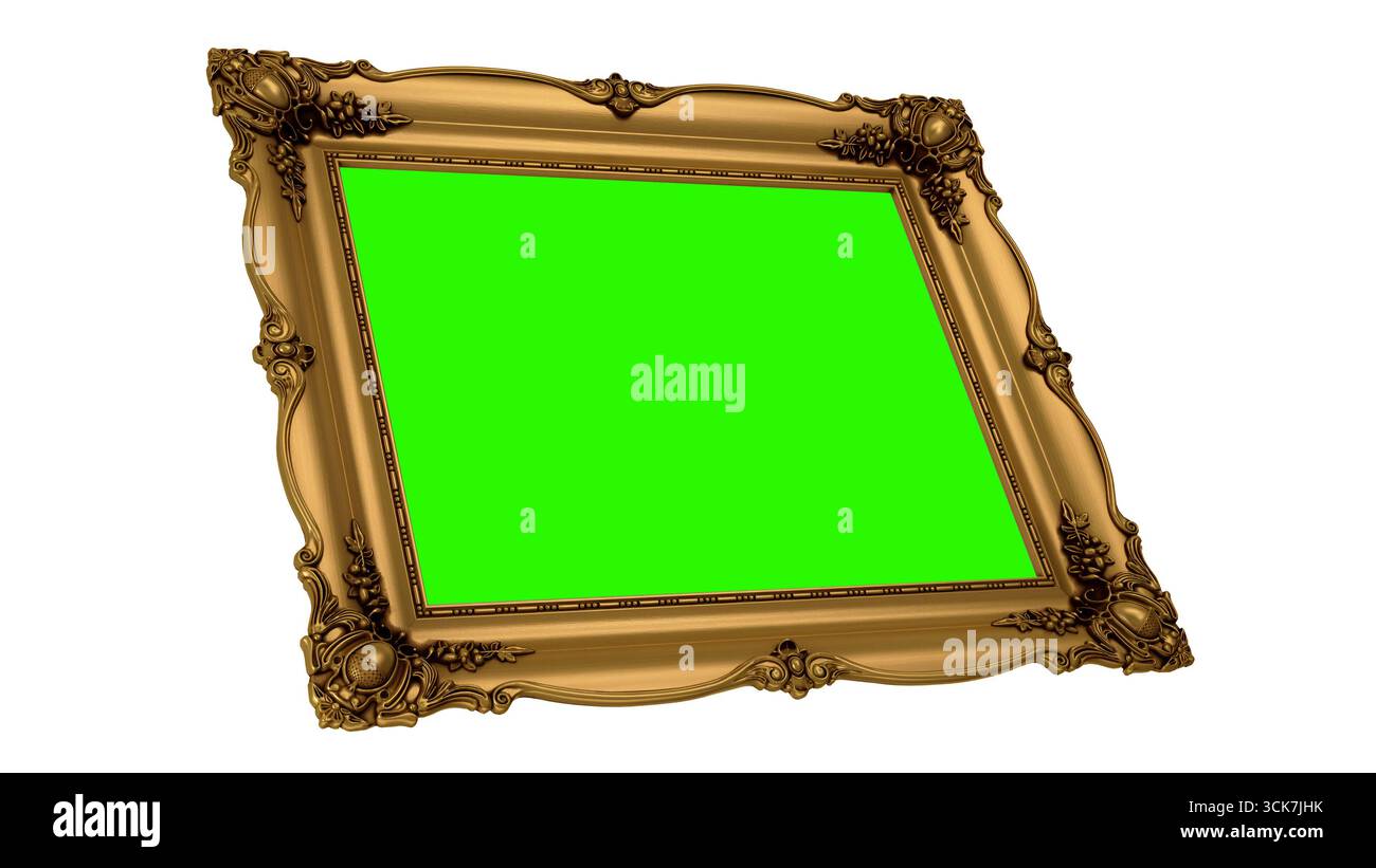 Una cornice decorativa dorata con schermo verde, adatta per contenuti digitali o fotoritocco. Foto Stock