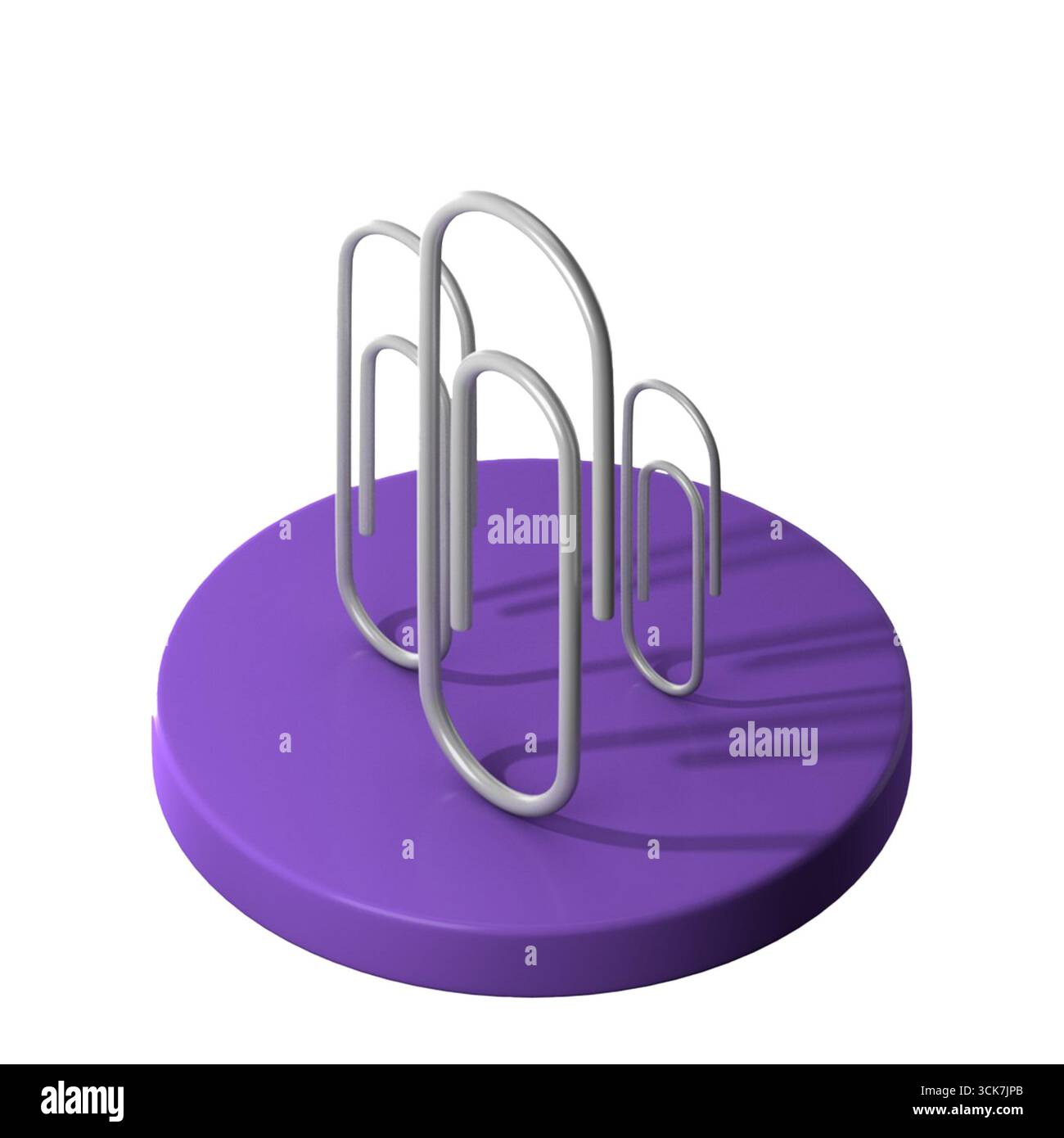Un design minimalista con graffette su una base viola che mette in risalto semplicità e organizzazione. Foto Stock