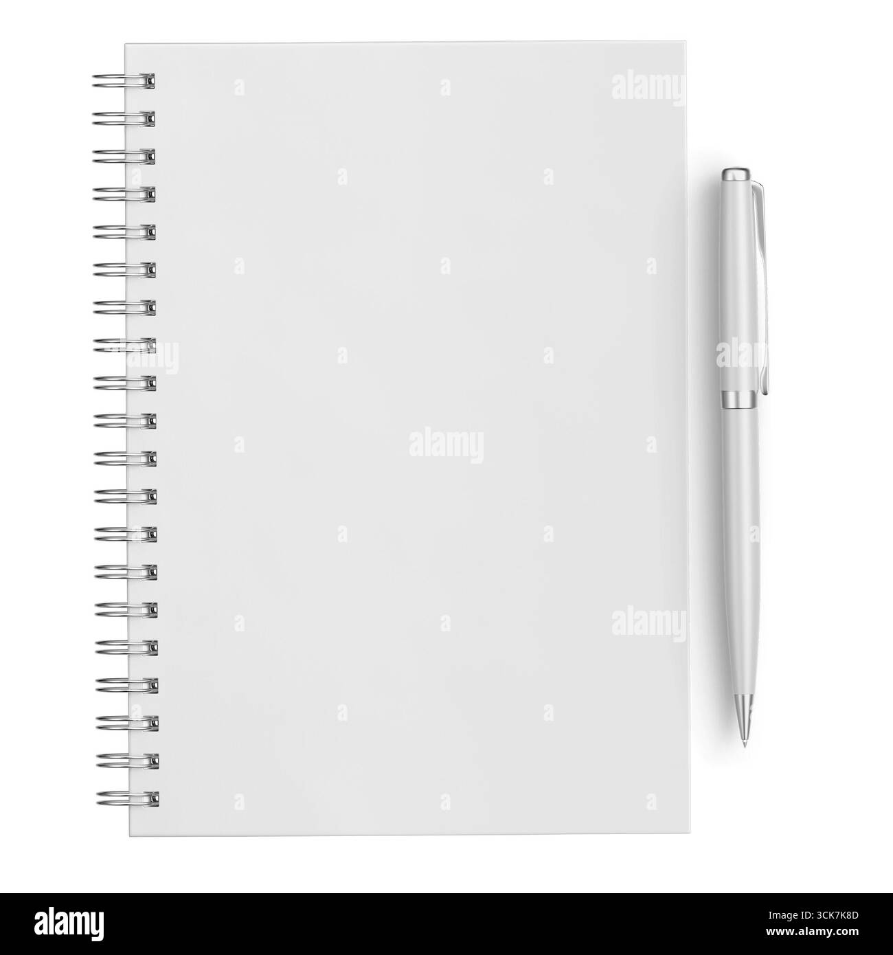 Un quaderno a spirale vuoto e una penna argentata, ideale per prendere appunti o disegnare idee. Foto Stock