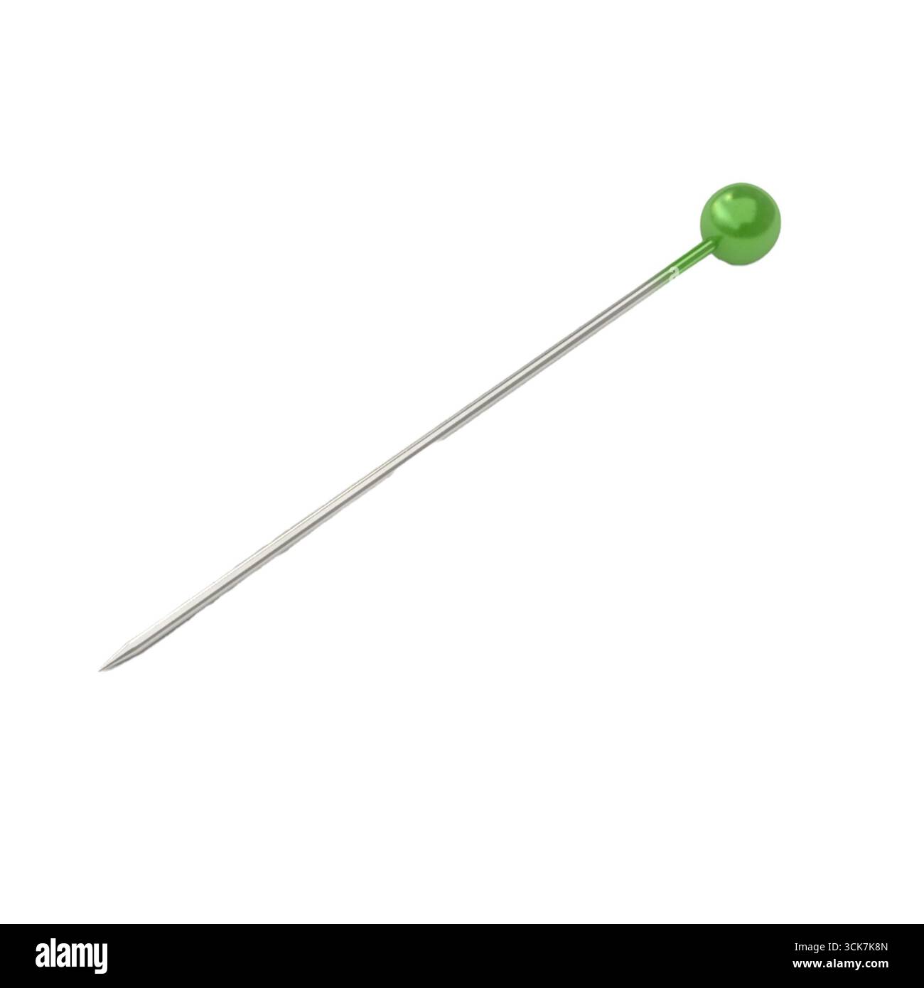 Perno con testa verde appoggiato su sfondo bianco, utilizzato per cucire o creare. Foto Stock