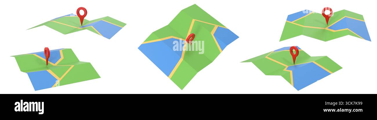 Una serie di mappe stilizzate con spille di posizione, che illustrano i concetti di navigazione e mappatura. Foto Stock