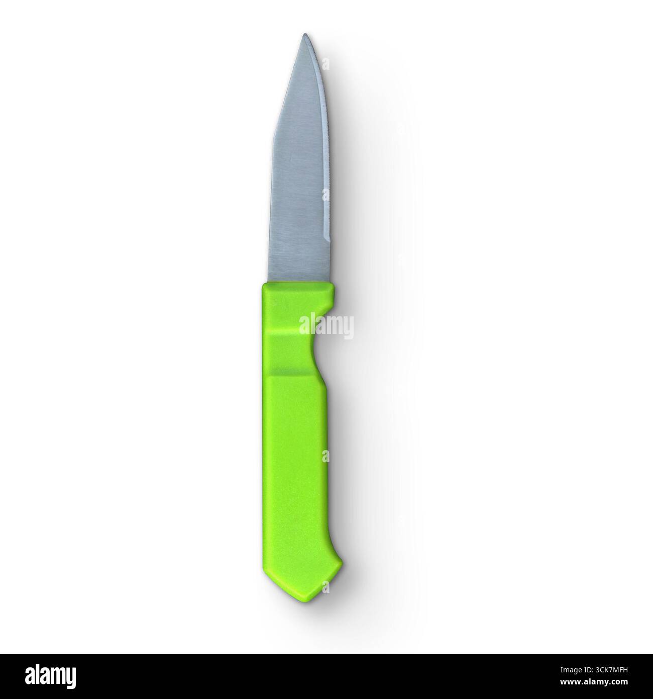 Un coltello con manico verde con lama in acciaio inossidabile, progettato per attività di taglio in cucine o progetti artigianali. Foto Stock
