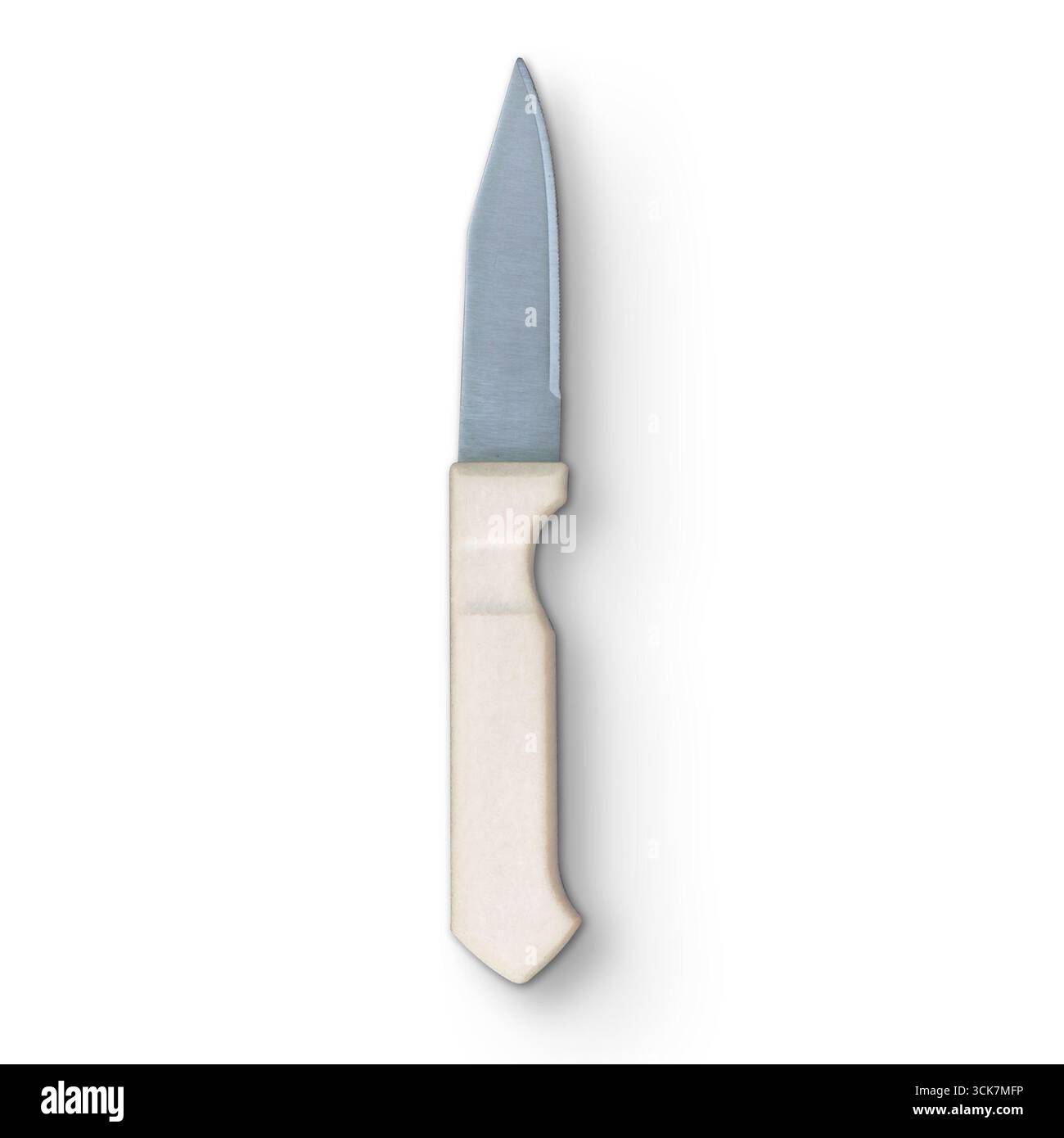 Un semplice coltello da cucina con una lama in metallo e un manico di colore chiaro, progettato per le attività di taglio. Foto Stock