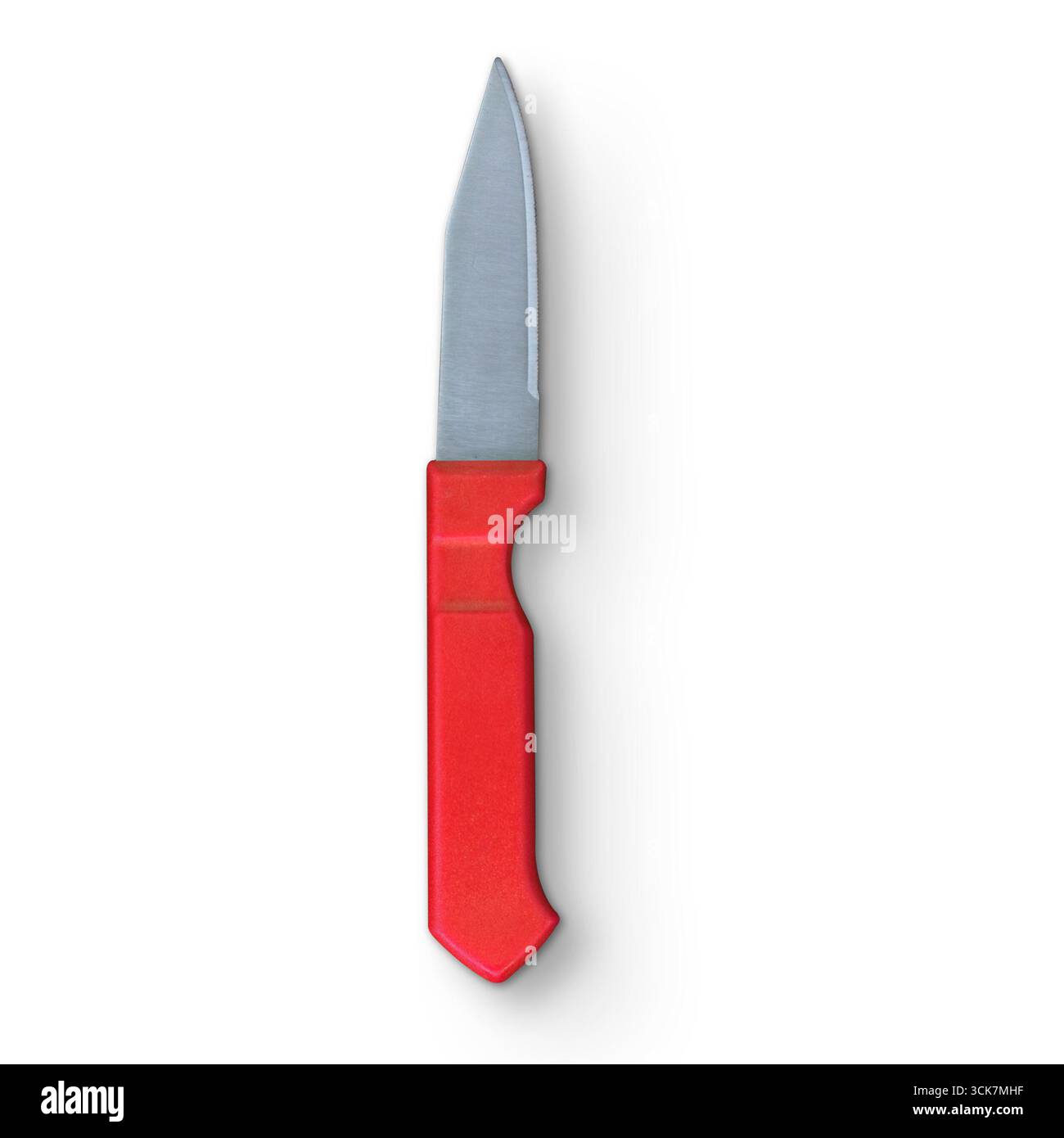 Coltello multiuso con manico rosso e lama in acciaio inox, progettato per attività di taglio. Foto Stock