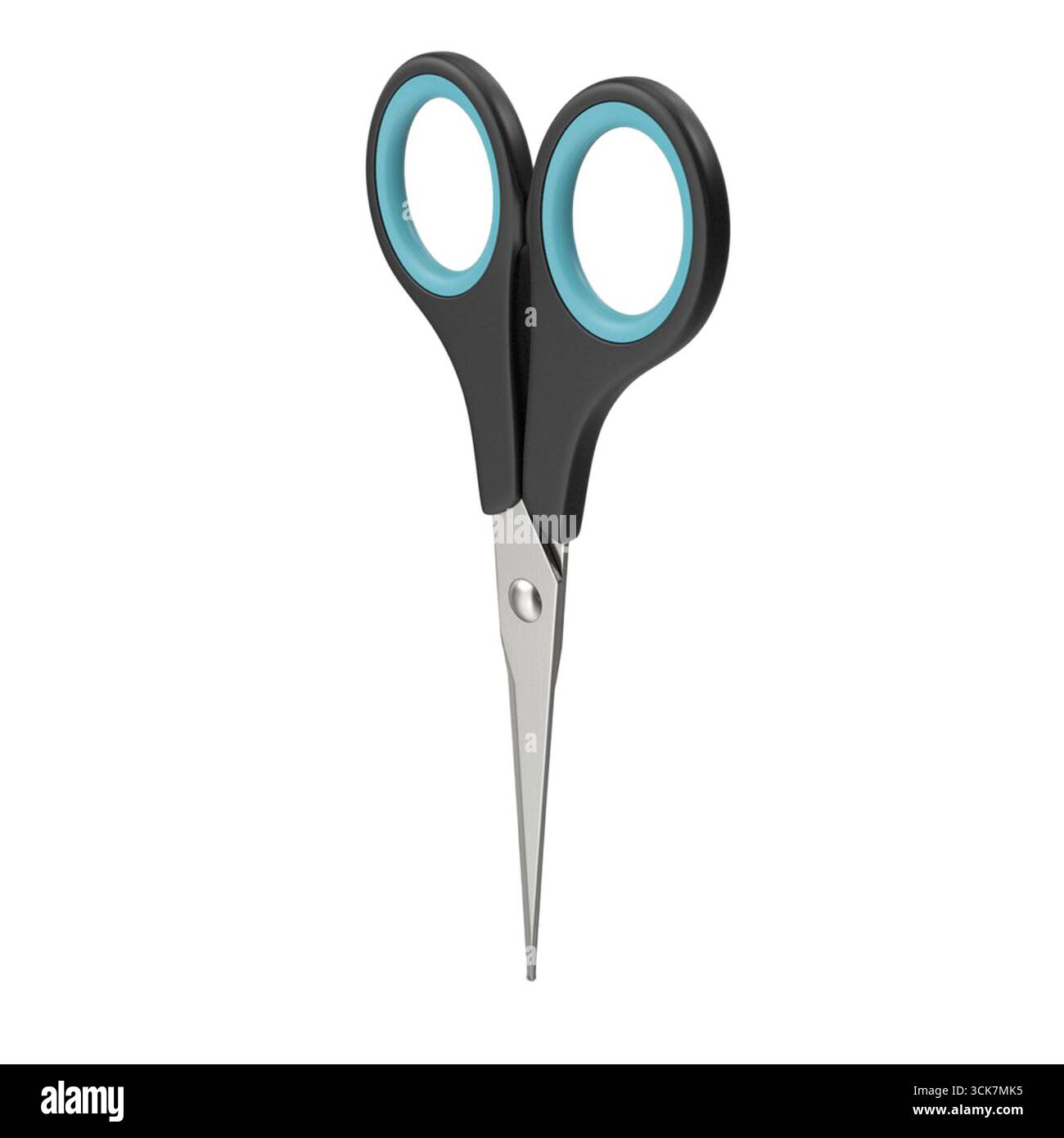 Un paio di forbici con manici neri e dettagli blu, utilizzate per tagliare vari materiali. Foto Stock