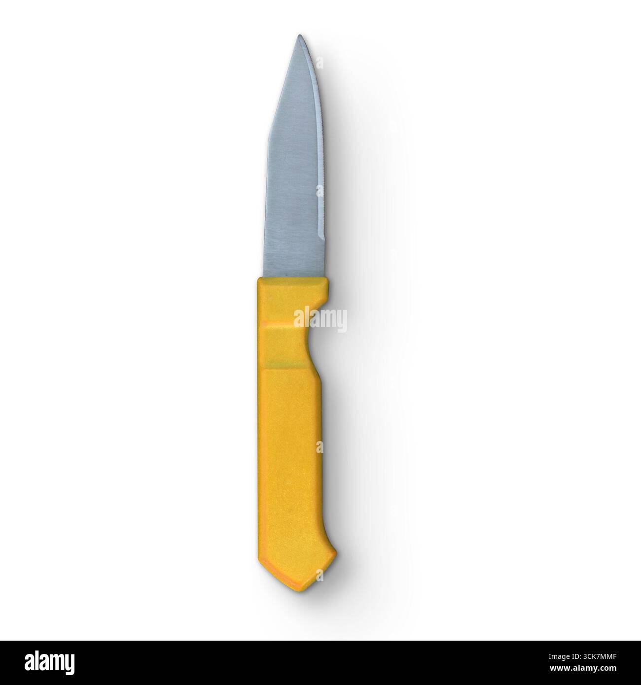 Un semplice coltello multiuso con manico giallo e lama in acciaio, progettato per le attività di taglio. Foto Stock