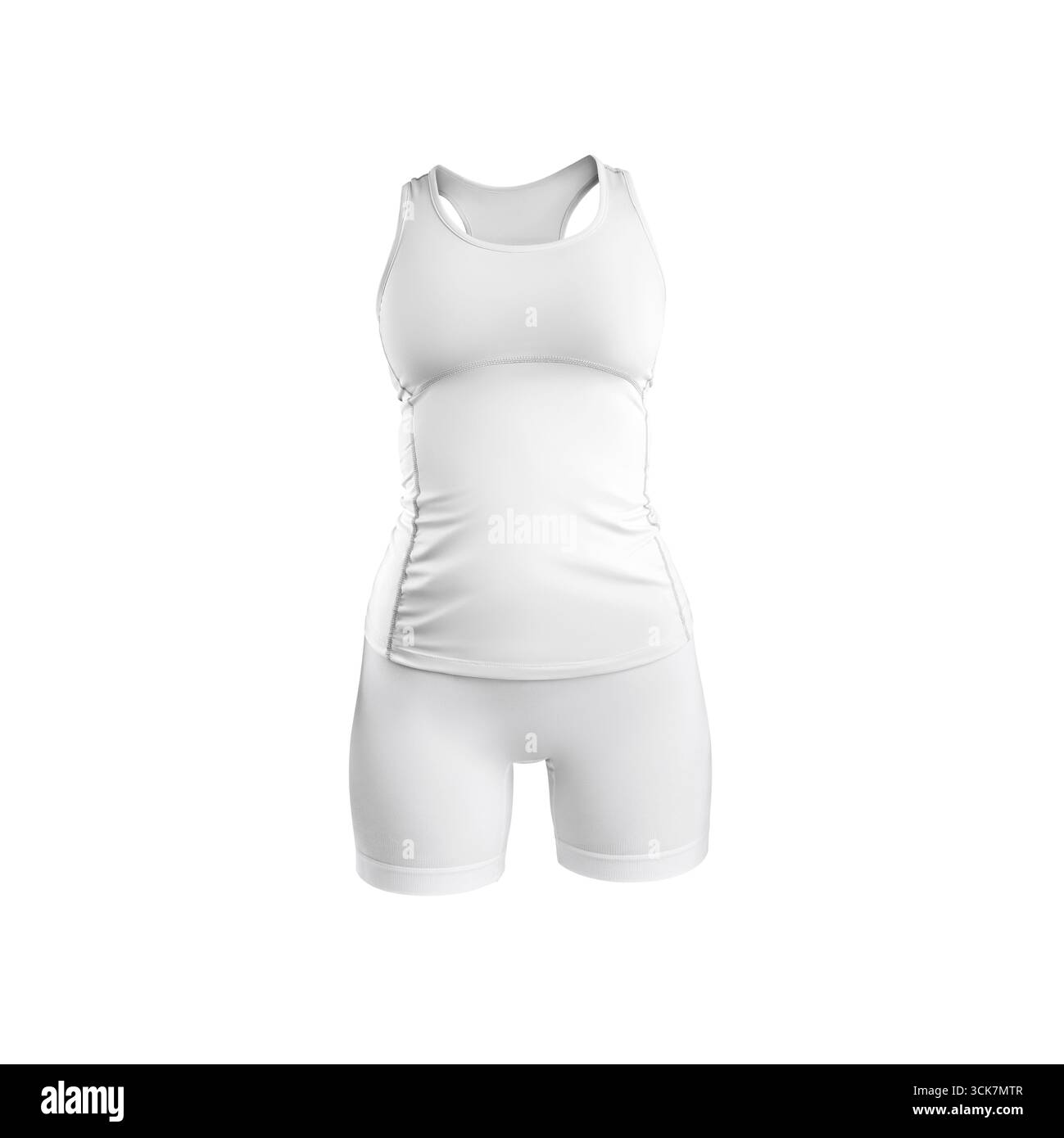 Un outfit atletico bianco semplice composto da canotta e pantaloncini corti, progettato per attività sportive e fitness. Foto Stock