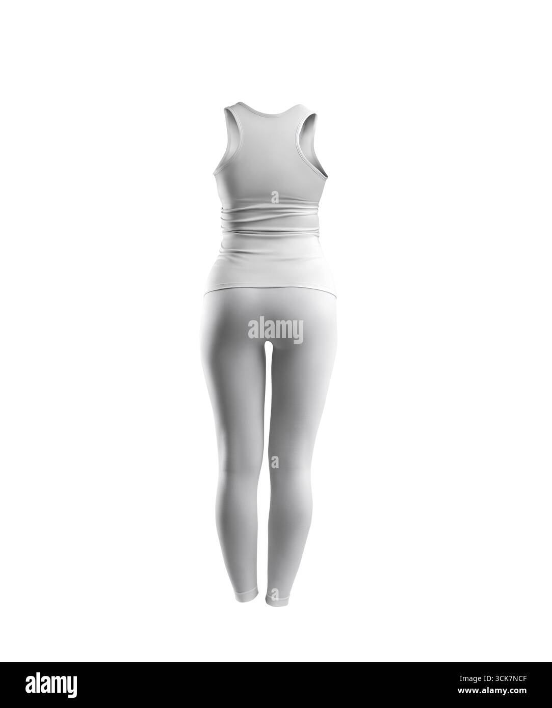 Un outfit atletico bianco minimalista esposto sul retro, che enfatizza lo stile e il comfort per le attività fitness. Foto Stock