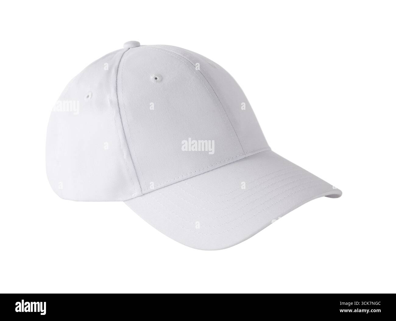 Un semplice cappellino da baseball bianco con bordo ricurvo, adatto per l'uso casual o per la protezione solare. Foto Stock