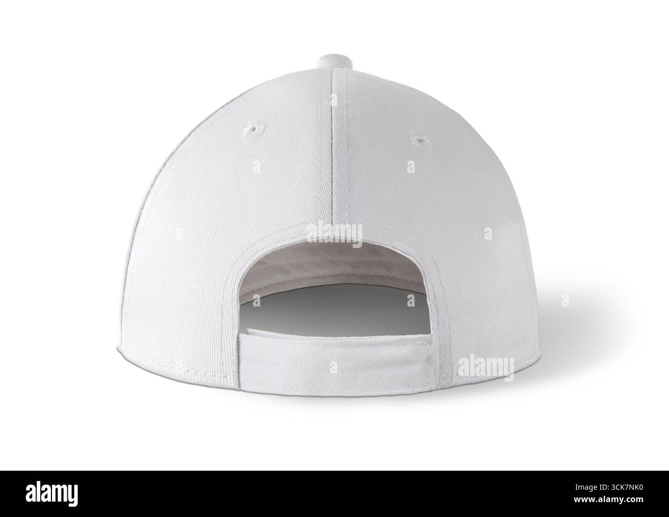 Un semplice cappellino bianco da baseball visto dal retro, con la sua tracolla regolabile. Foto Stock