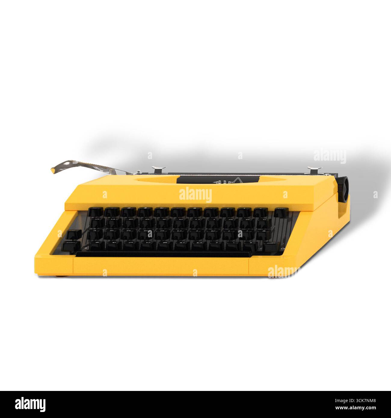 Una macchina da scrivere di colore giallo brillante con tasti neri, progettata per scrivere ed esprimere la tua creatività. Foto Stock