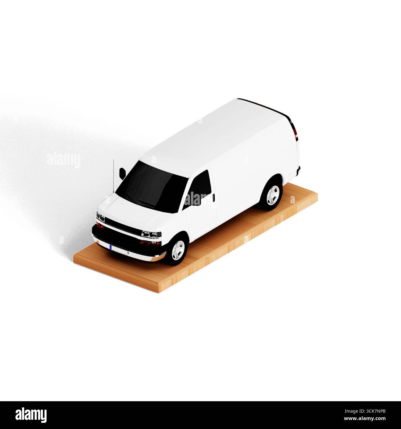 Un modello di furgone bianco esposto su una base in legno, che rappresenta il trasporto e la logistica. Foto Stock