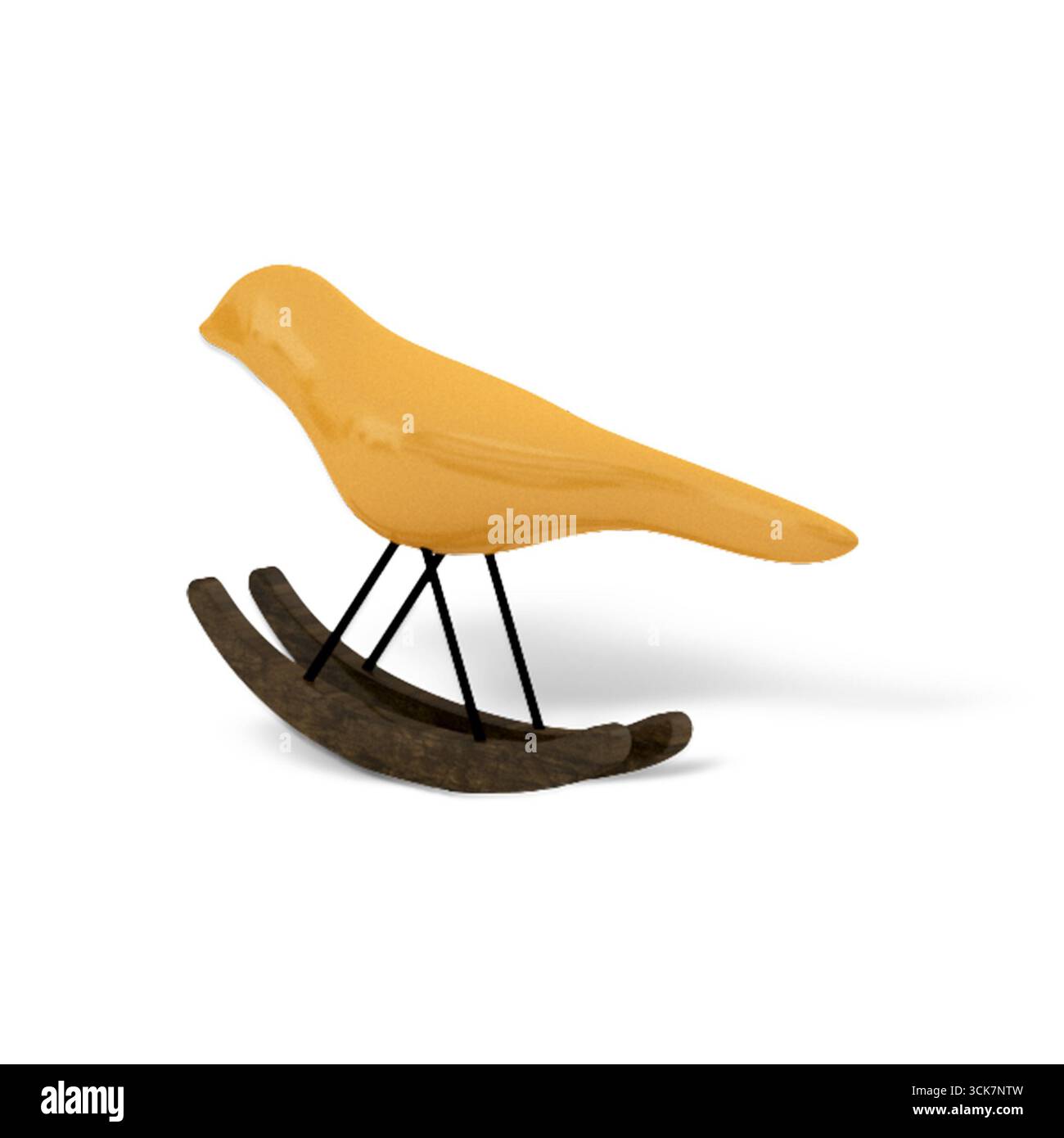 Una statuetta decorativa di uccello giallo arroccata su una base in legno, che funge da affascinante accento casalingo. Foto Stock