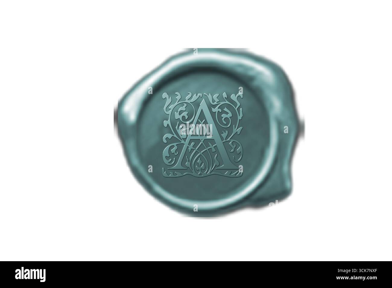 Sigillo in cera color verde acqua con un design decorato con lettera "A", spesso utilizzato per corrispondenza formale o branding. Foto Stock