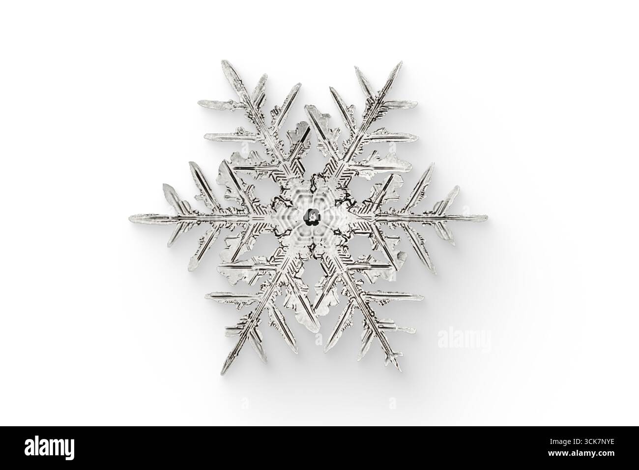 Un design dettagliato con fiocco di neve che mostra motivi e simmetria intricati, simboleggiando la bellezza dell'inverno e della natura. Foto Stock