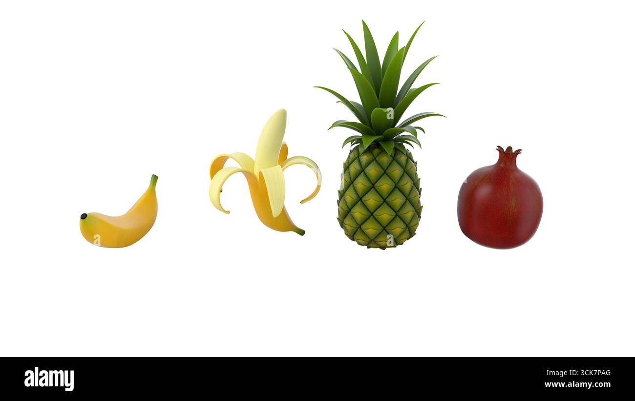 Una composizione colorata di emoji di frutta che include una banana, mezza banana, ananas e melograno. Foto Stock