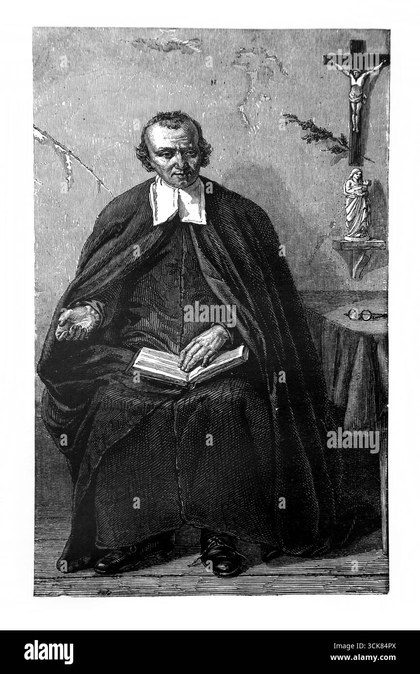 Un insegnante di scuola che riflette sulla sua missione ai piedi di un crocifisso fratello Philippe dipinto di Horace Vernet da un'edizione del 1902 di le Crucifix Sans Foto Stock
