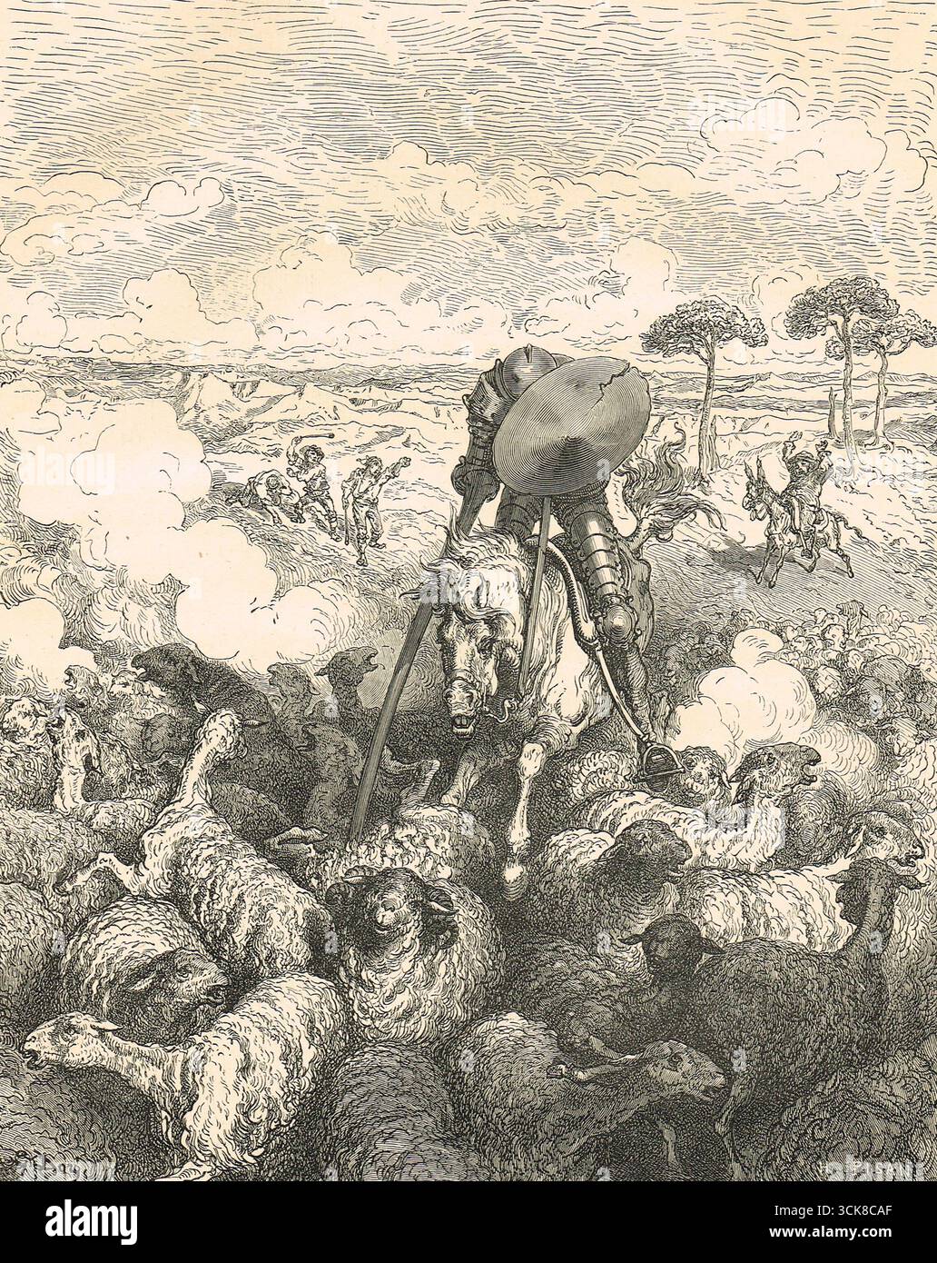 Don Chisciotte carica le pecore, scambiando la loro nuvola di polvere per due eserciti in guerra. Illustrazione di Gustave Dore Foto Stock Don Chisciotte carica le pecore, scambiando la loro nuvola di polvere per due eserciti in guerra. Illustrazione di Gustave Dore Foto Stock