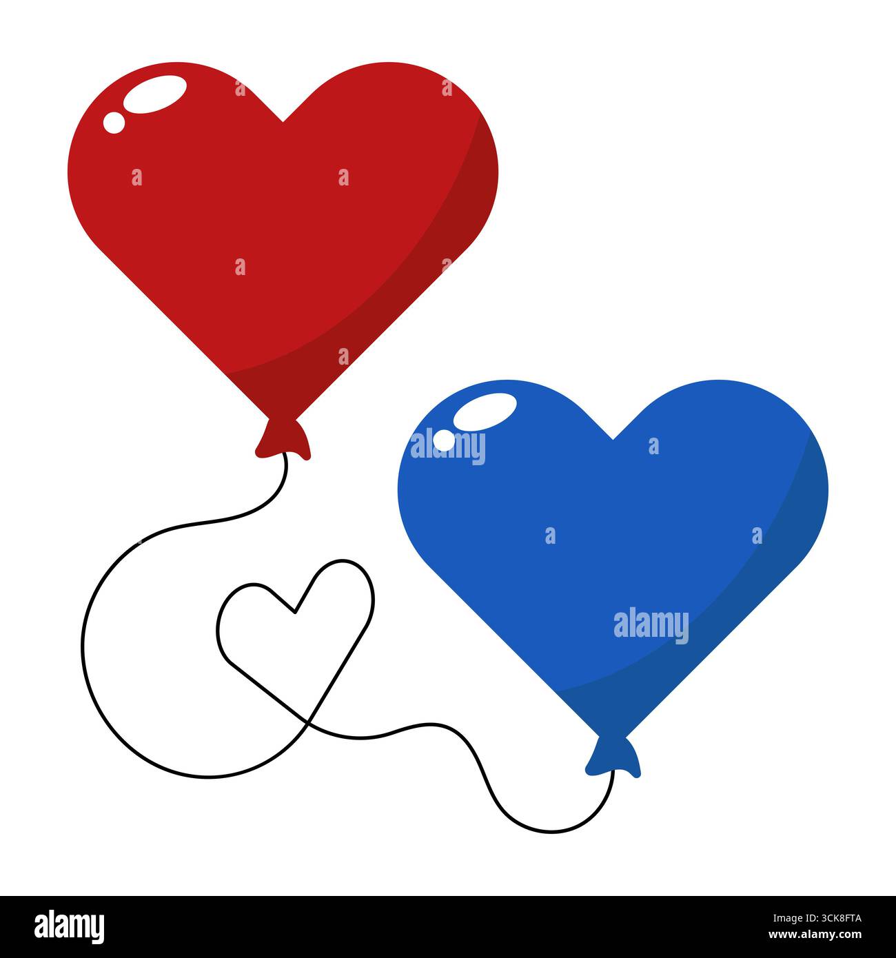 Palloncini con cuore rosso e blu con forma romantica a corda. Illustrazione vettoriale. Perfetto per San Valentino, temi romantici, inviti di nozze. Illustrazione Vettoriale
