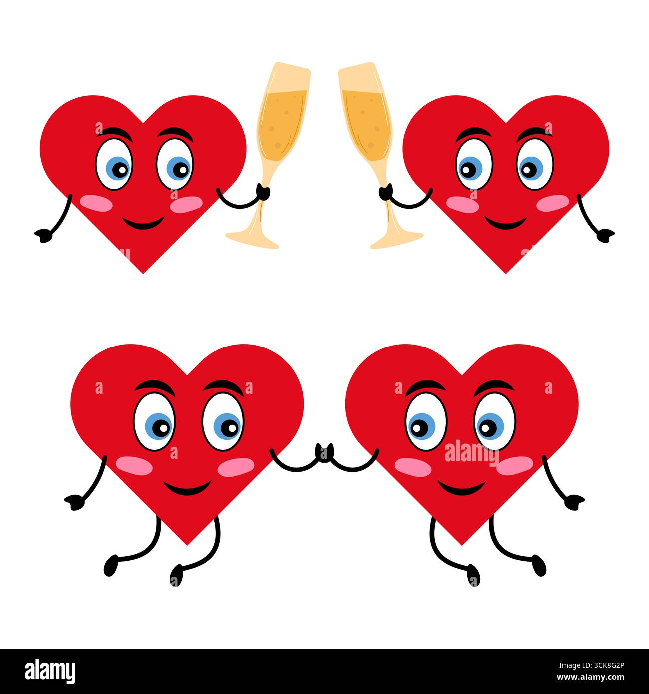 Carino Cartoon Hearts in Love Celebration. I cuori allegri tengono i bicchieri da champagne. Due cuori sorridenti si tengono per mano mentre ballano felicemente. Illustrazione Vettoriale