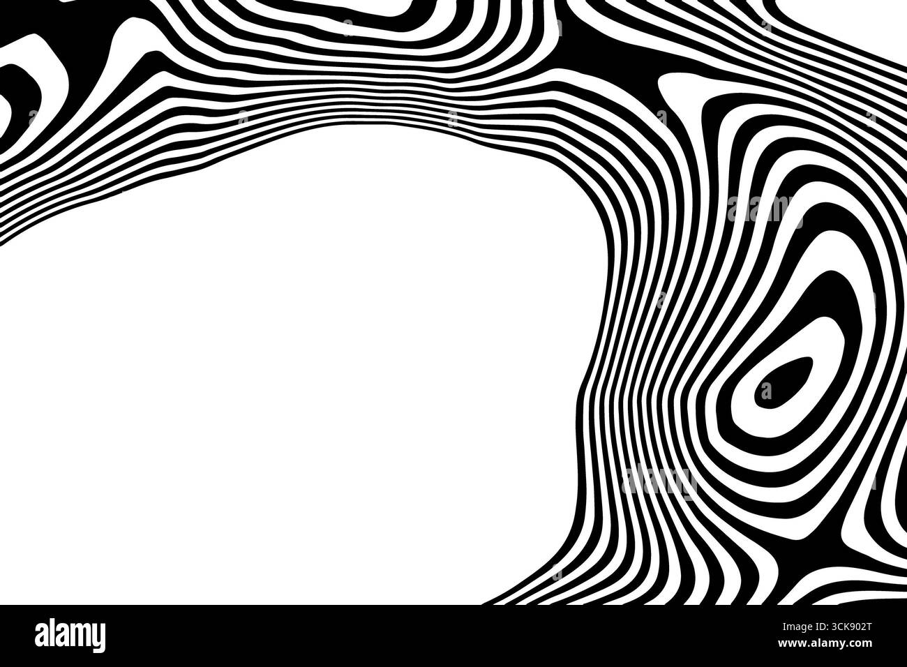 Sfondo bianco e nero astratto con strisce psichedeliche dinamiche e curve liquide. Foto Stock