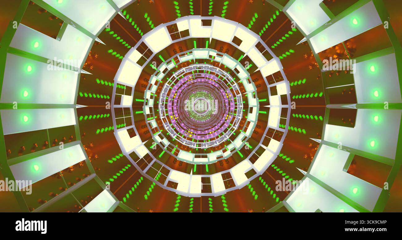 Il design dinamico a spirale è caratterizzato da cerchi concentrici pieni di luci verdi e motivi colorati, che creano un'esperienza visiva coinvolgente in un ener Foto Stock