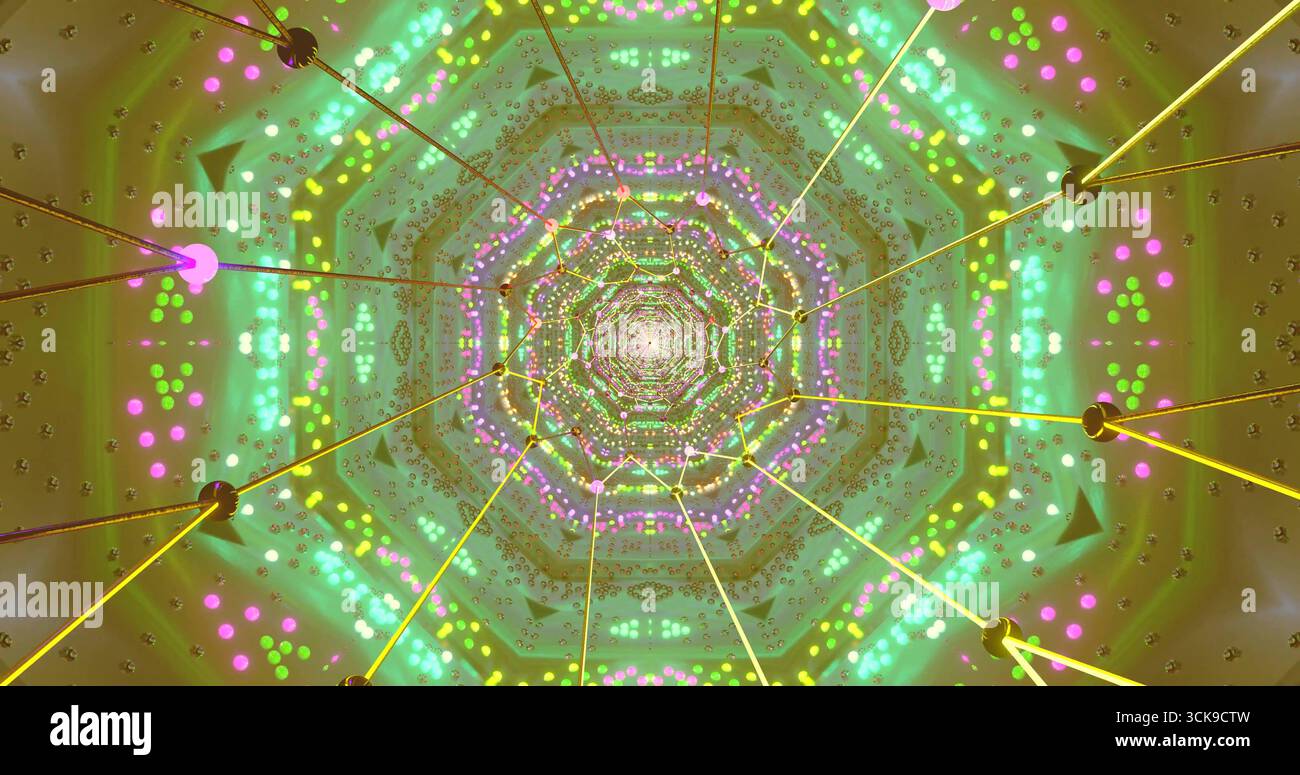 Le vivaci forme geometriche creano un'affascinante illusione ottica, mostrando motivi vorticosi nelle tonalità del verde, del rosa e del giallo. Un'effusione visiva dinamica Foto Stock
