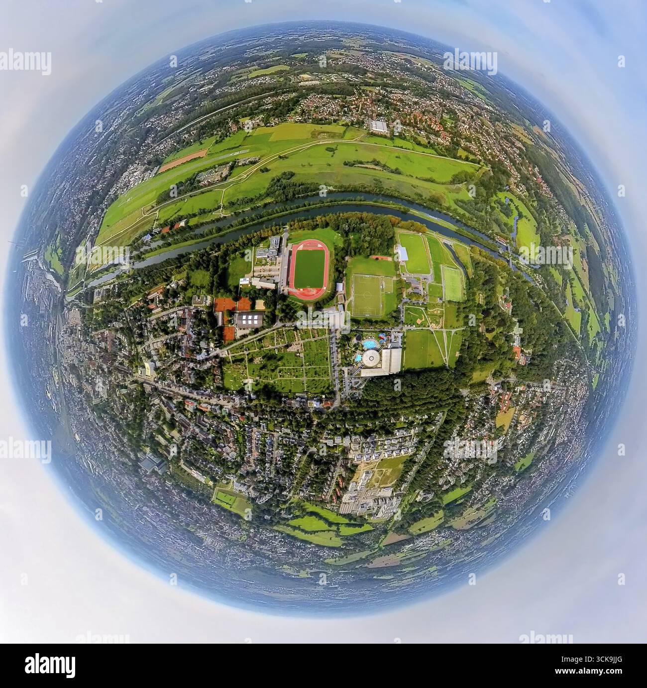 Vista aerea, centro sportivo est con Jahnstadion e Maximare Erlebnistherme, canale Datteln-Hamm e fiume Lippe, globo, fisheye shot, fisheye shot, fisheye shot, 3 Foto Stock