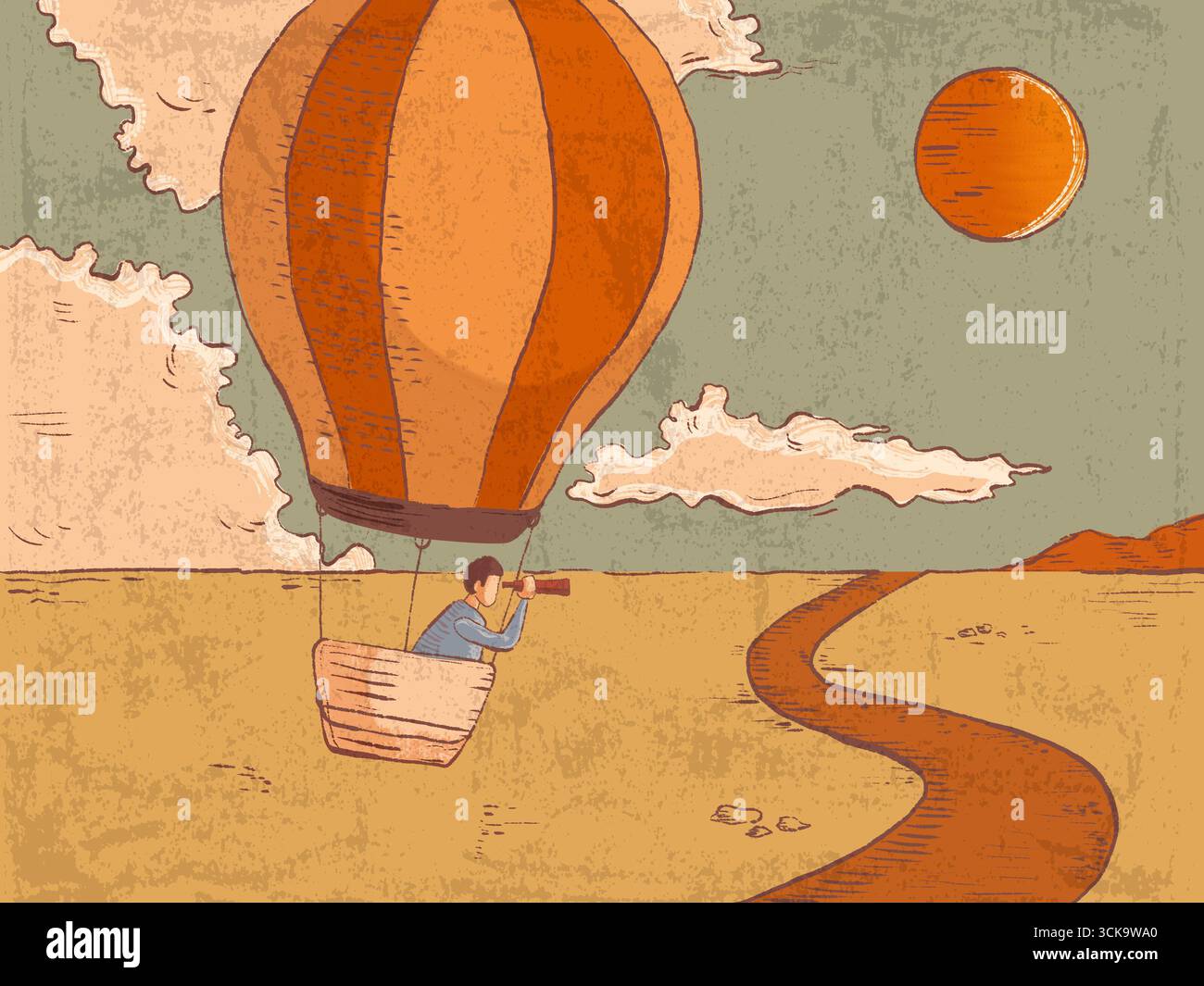 Uomo che vola su una mongolfiera e cerca nuove opportunità. Illustrazione digitale. Foto Stock