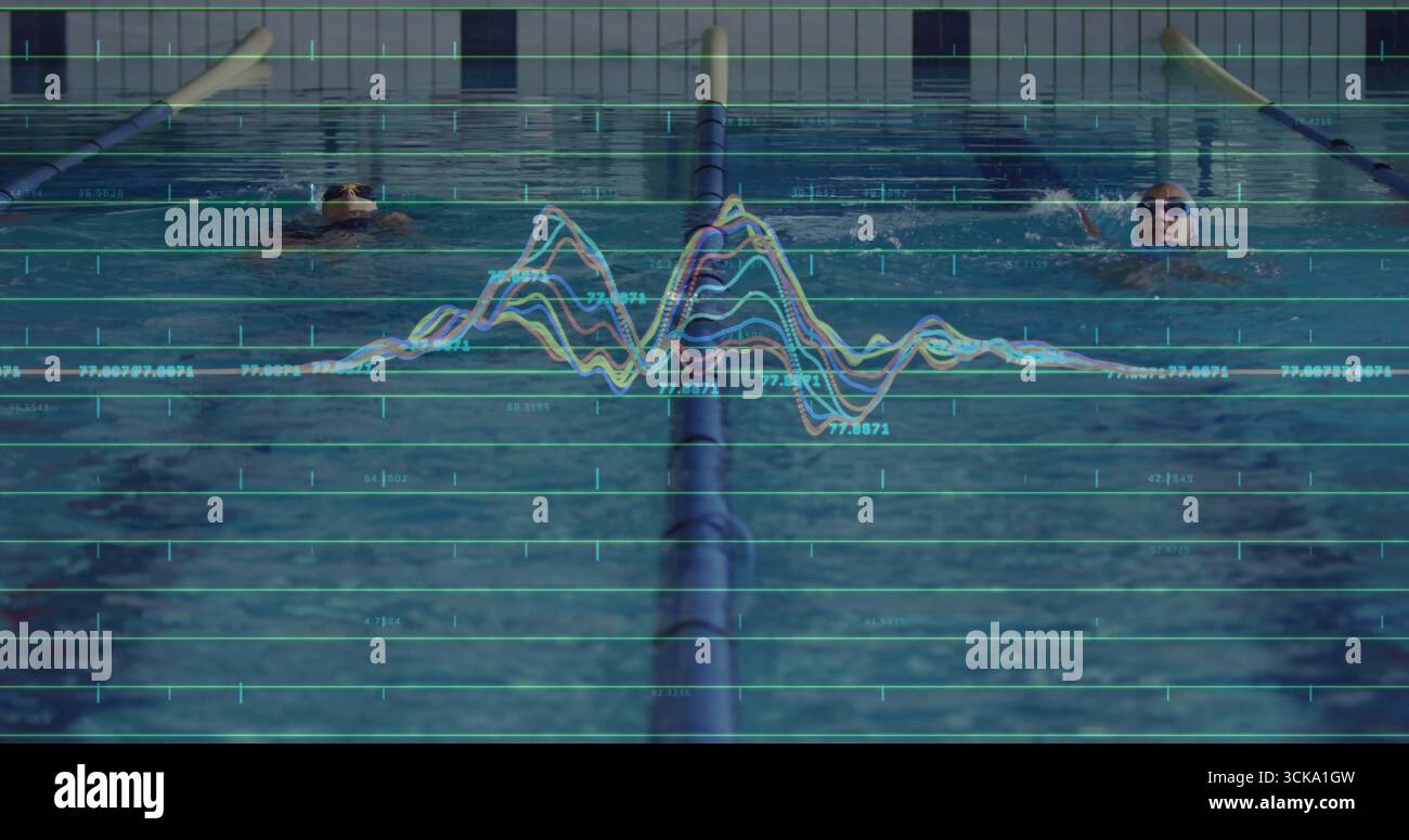 Nuotatori con cappuccio e occhiali di protezione che nuotano nella piscina da competizione, con sovrapposizioni di forme d'onda Foto Stock