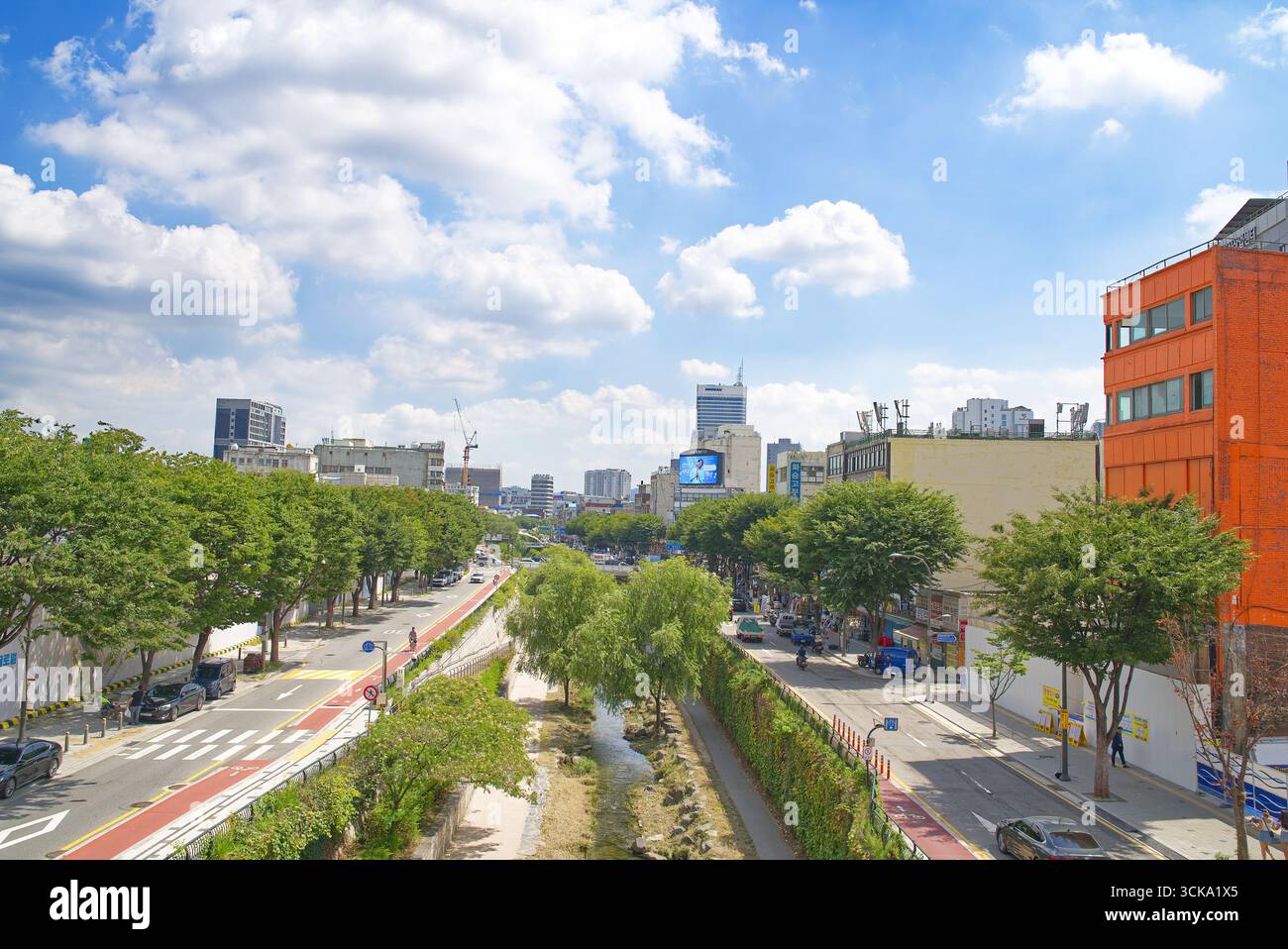 Area ricreativa di Cheonggyecheon intorno ad un ruscello rianimato con passerelle, ponti e vegetazione. Vista grandangolare dall'alto in una giornata di sole. Seul Foto Stock