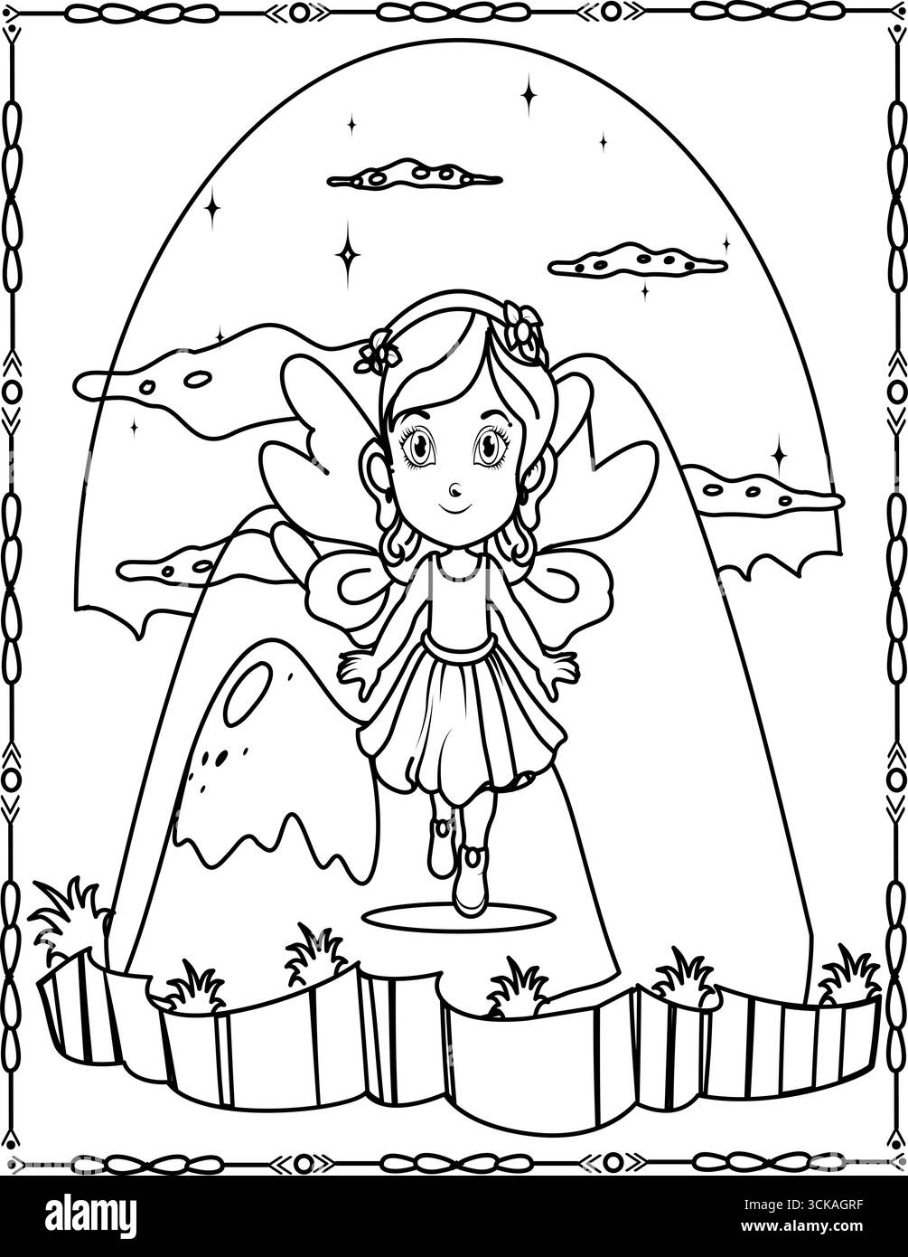 Pagina dei colori delle favole. Principessa magica con ali stampabili per bambini. Illustrazione Vettoriale