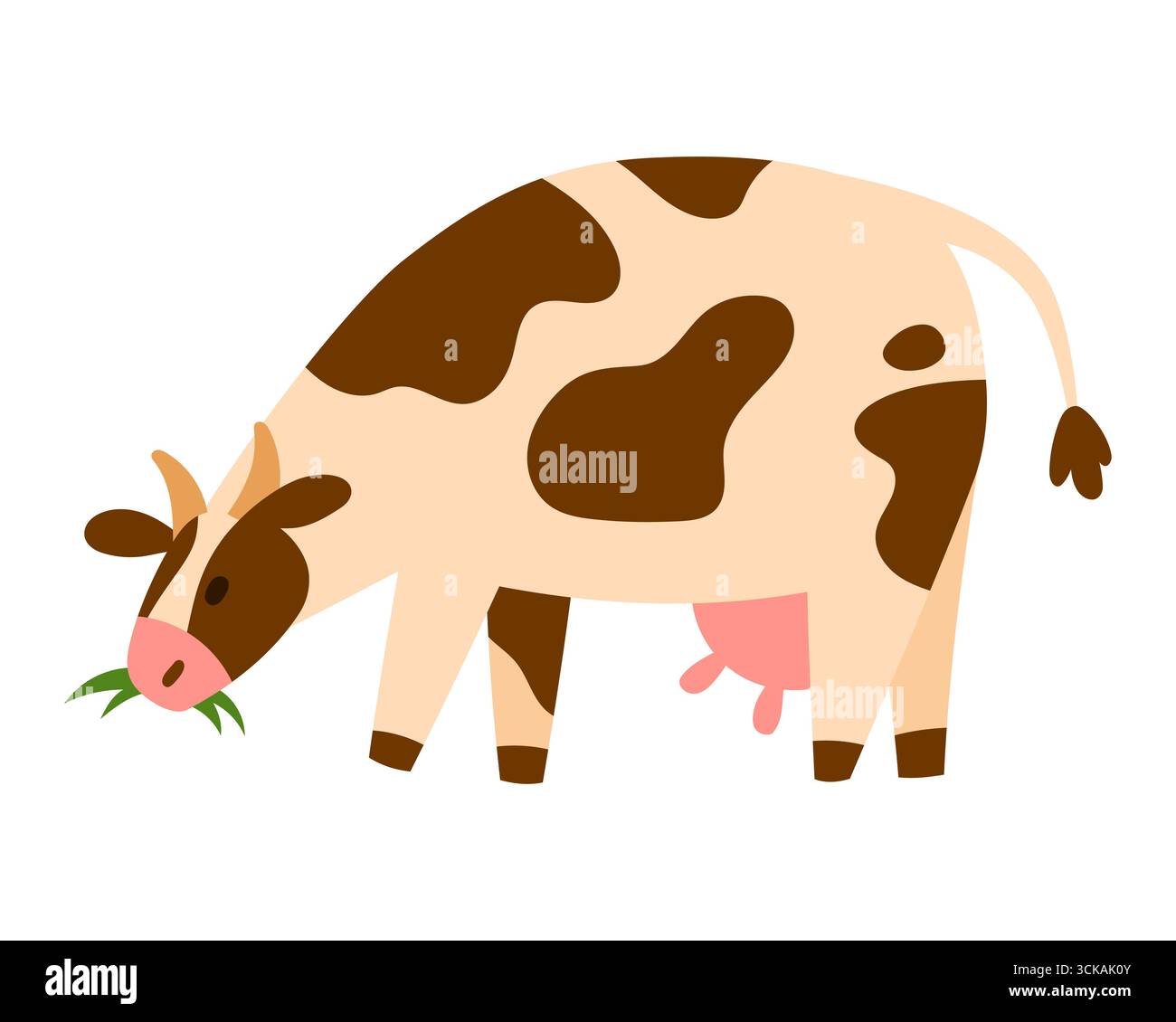 Giocosa mucca da latte macchiata che salta con la coda curva e l'erba da masticare per mammelle visibile, semplice e piatta, isolata sul bianco Illustrazione Vettoriale