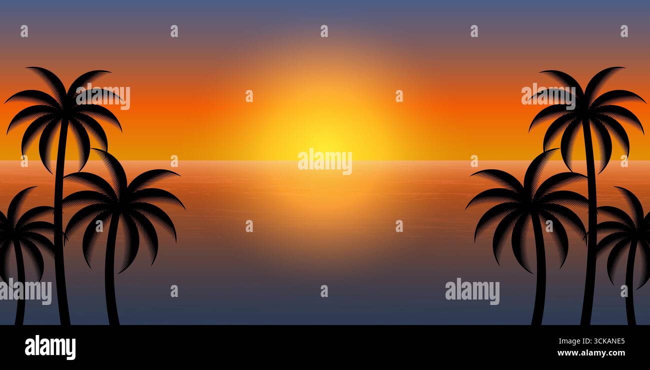 Spiaggia estiva sullo sfondo con albero di cocco. Sfondo tramonto. Paradise Tropical Island in estate e concetto di vacanza. Illustrazione Vettoriale