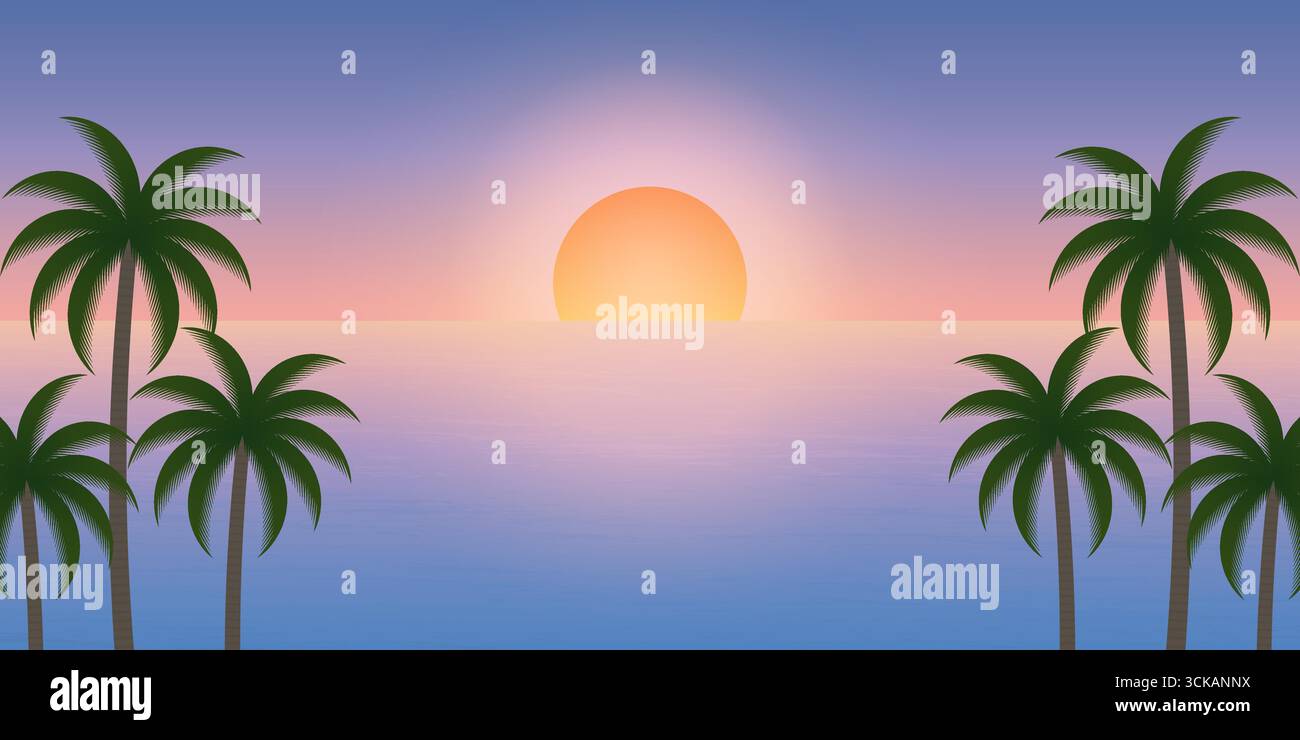 Spiaggia estiva sullo sfondo con albero di cocco. Sfondo tramonto. Paradise Tropical Island in estate e concetto di vacanza. Illustrazione Vettoriale