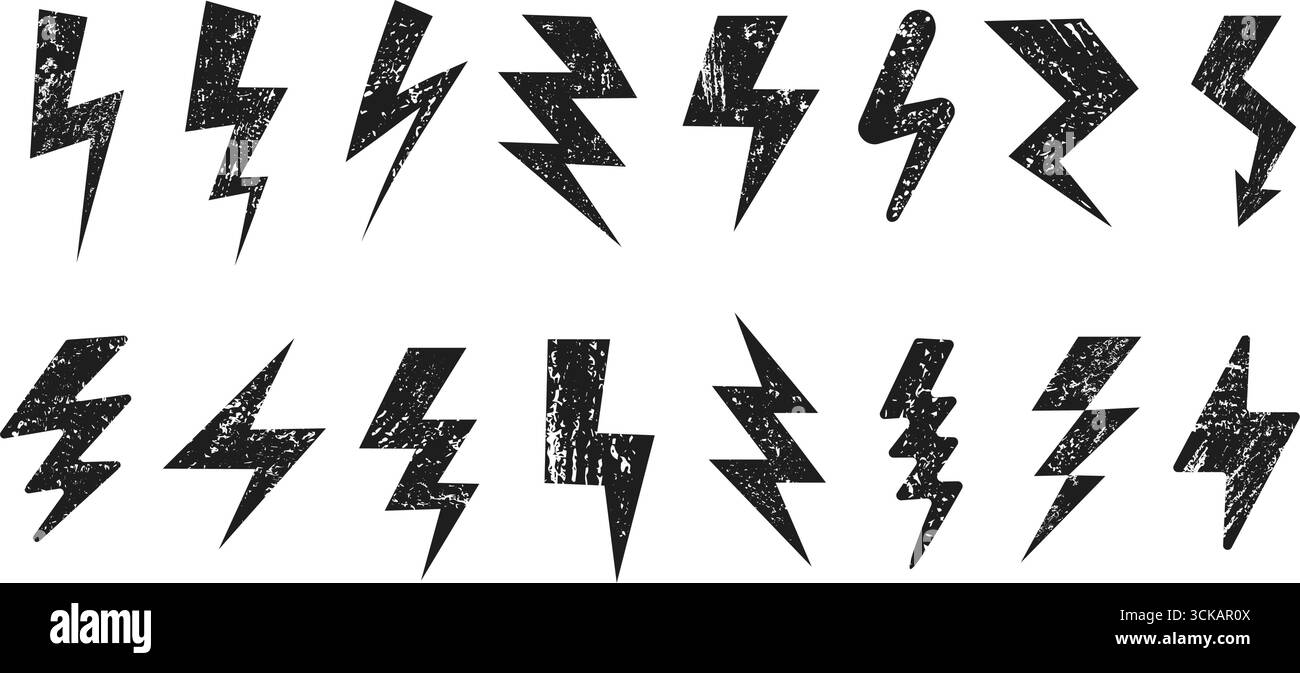 Forma dei fulmini ruvidi grunge. Simboli di energia elettrica ruvida, silhouette thunderbolt in difficoltà e flash di potenza con t graffiato Illustrazione Vettoriale