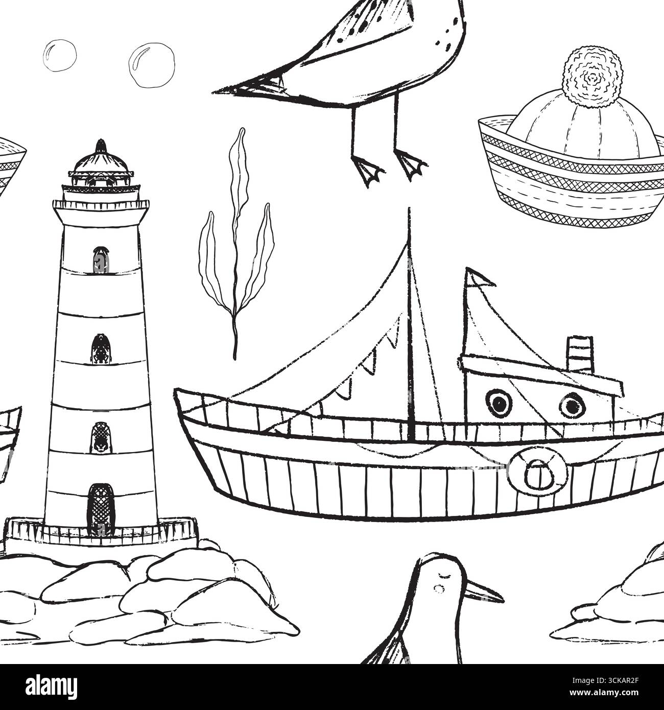 Affascinanti illustrazioni in bianco e nero con barche, fari e vari uccelli marini lungo la costa. Motivo vettoriale senza cuciture in bianco e nero. Illustrazione Vettoriale