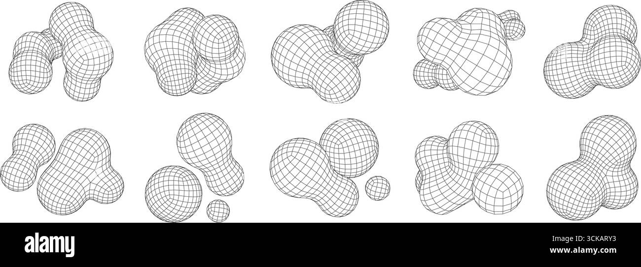 Blob 3D wireframe Shapes (forme reticolo 3D Blob). Oggetti organici poligonali, cluster di sfere digitali fluide forme a rete e strutture molecolari astratte futuristiche. Geometrico Illustrazione Vettoriale