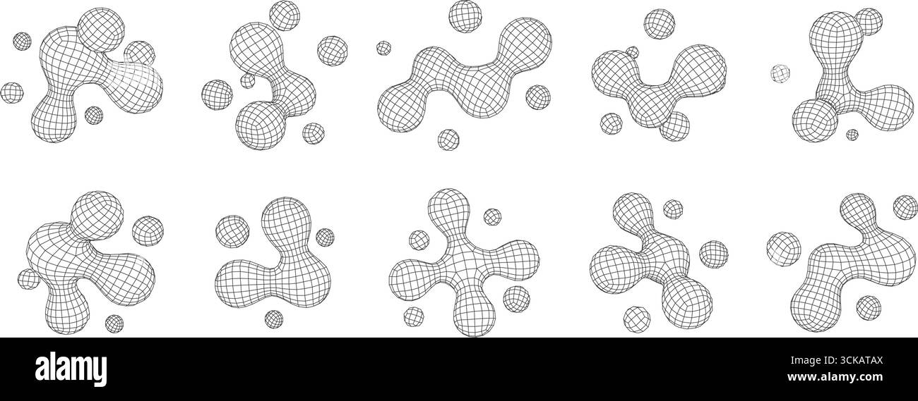 Forme di reticolo metaball 3D astratte. I lobi liquidi a maglie geometriche, le cellule collegate formano strutture a griglia e forme molecolari digitali poligonali. Futurista Illustrazione Vettoriale