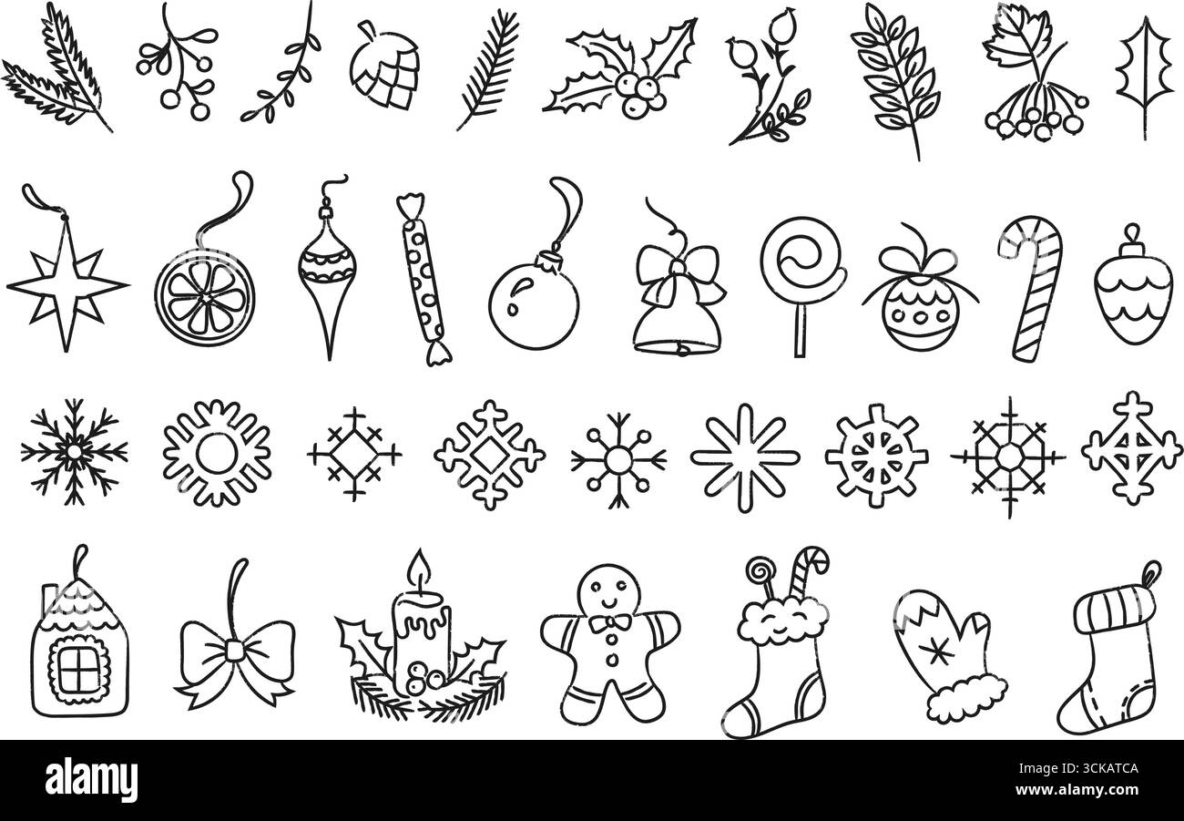 Decorazioni natalizie. Fiocchi di neve di Natale disegnati a mano, calze, ornamenti di vischetti, agnello, canna da zucchero, biscotti al pan di zenzero, campana, fiocco e regalo Illustrazione Vettoriale