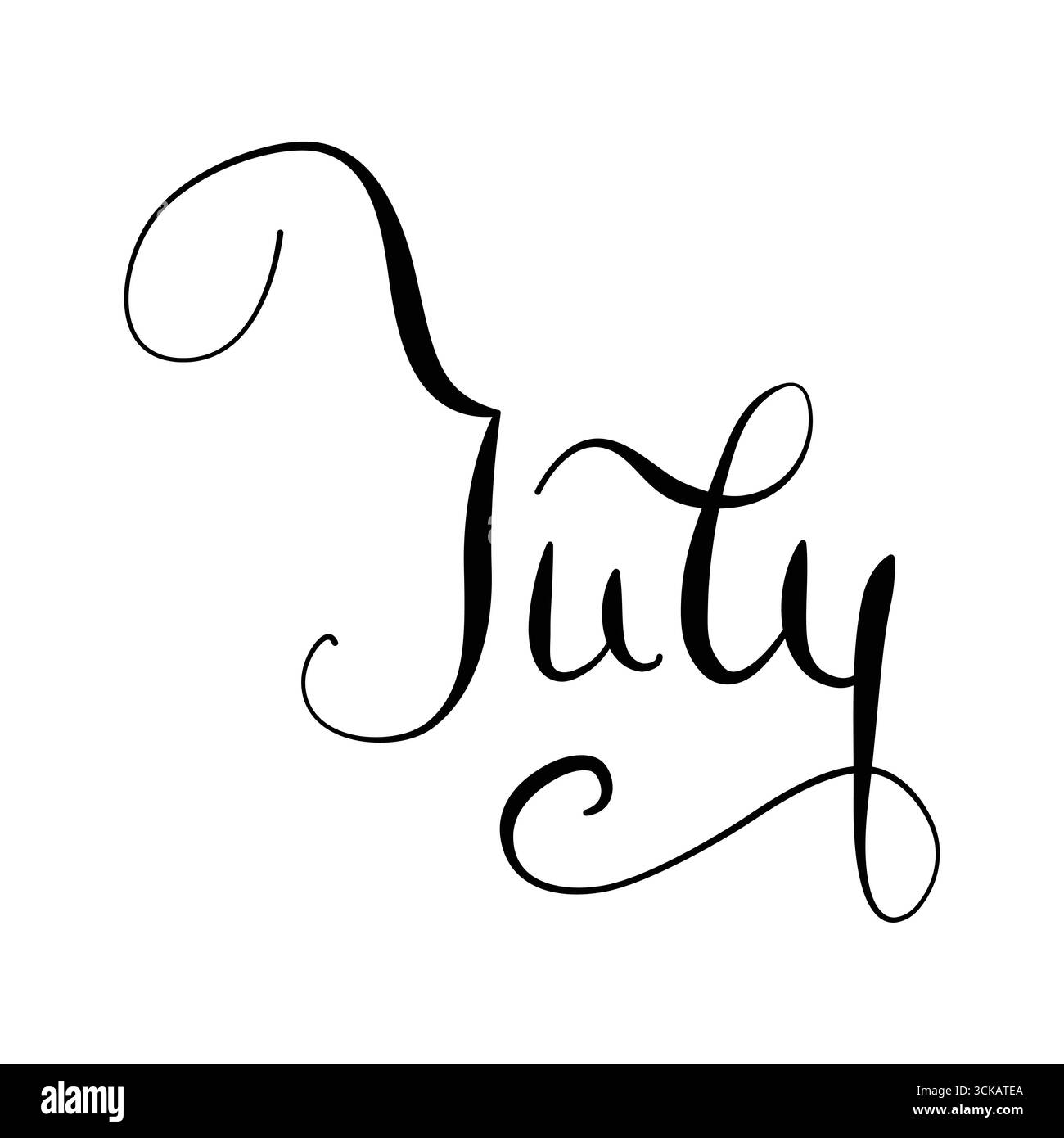 Vettore luglio mese disegnato a mano. Stile corsivo scritto a mano realizzato con inchiostro, nomi dei mesi scritti a mano in stile corsivo. Nome del mese artistico elegante e corsivo Illustrazione Vettoriale