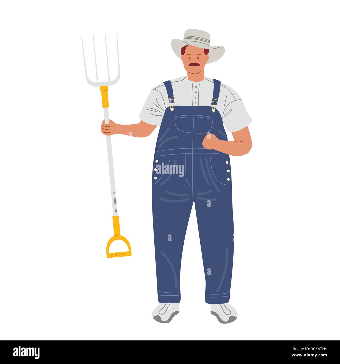 Agricoltore che tiene in mano un forcone in tuta con un cappello di paglia in una giornata di sole Illustrazione Vettoriale