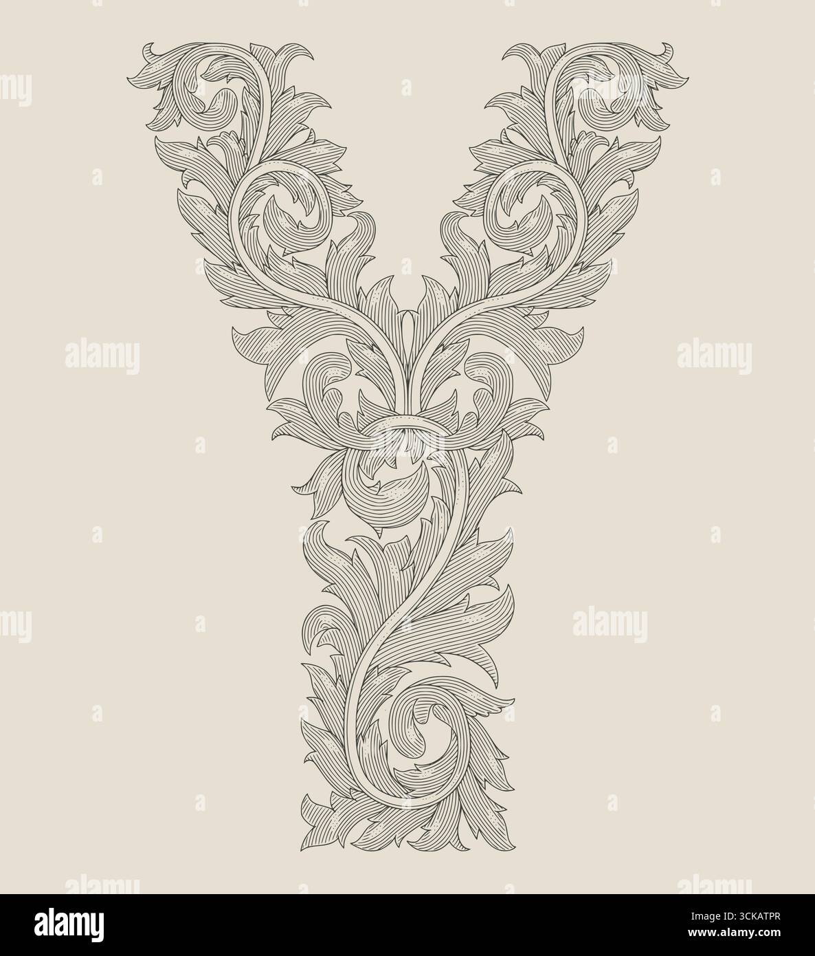 Y alfabeto iniziale a forma di ornamento floreale, illustrazione in stile disegno con incisione Vintage Illustrazione Vettoriale