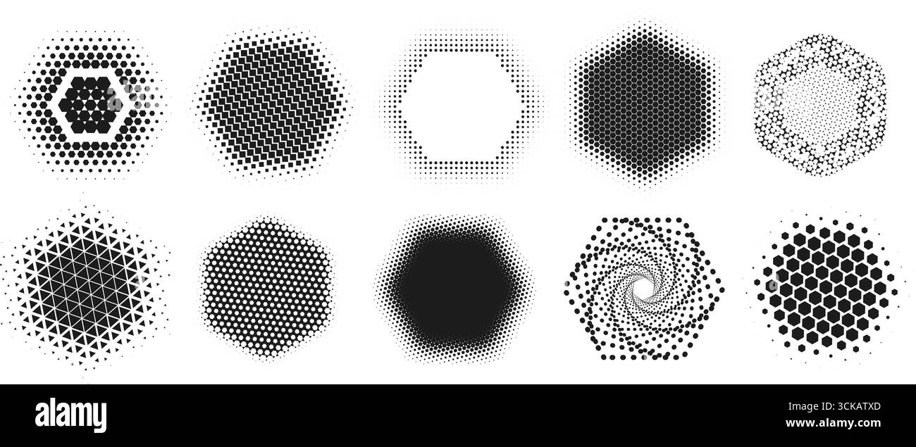 Forme esagonali mezzitoni. Motivi geometrici astratti a forma di esagono punteggiato con effetto mezzitoni, trama a nido d'ape, design a spirale e sfumatura digitale Illustrazione Vettoriale